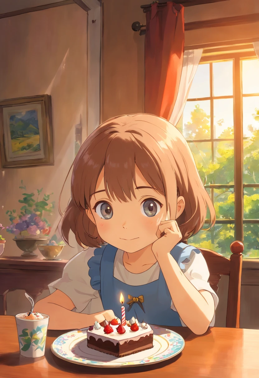 5 years old girl, adolable, sitting at the dining table, Birthday cake on the table, Sunlight outside the window.