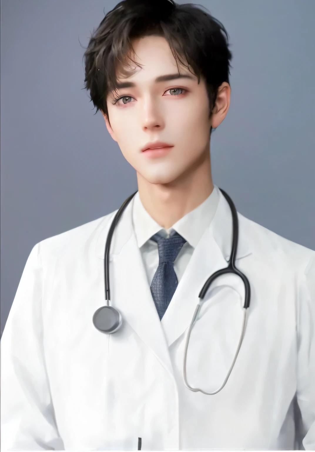 Close-up of a man in a white coat and stethoscope,doctor, (doctor), the doctor, with a stethoscope,Beautiful CG,Handsome boy,Short hair, messy hair, transparent,Danphoenix eyes are deep,二重まぶた,M lips close-up, Details superb atmosphere,Tech lights,Positive face