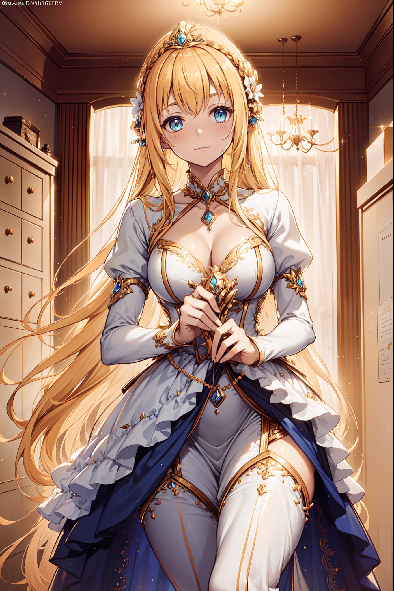 s girl,The princess of the fantasy world,Enchanted,opulent,Being in love,divino,(Yellow and white princess dress:1.3),blond hairbl,eBlue eyes,super ultra detail,Ruffles,Lots of lace,(Stripes on clothes:1.2),(exquisite costumes:1.1),(Multi-layered skirt),see-through transparent clothes,Beautiful detailed face,Movie lighting,the night,solo person,Lace,(Shine:1.2), (Best quality), (Masterpiece:1.2),Sparkling gemstones