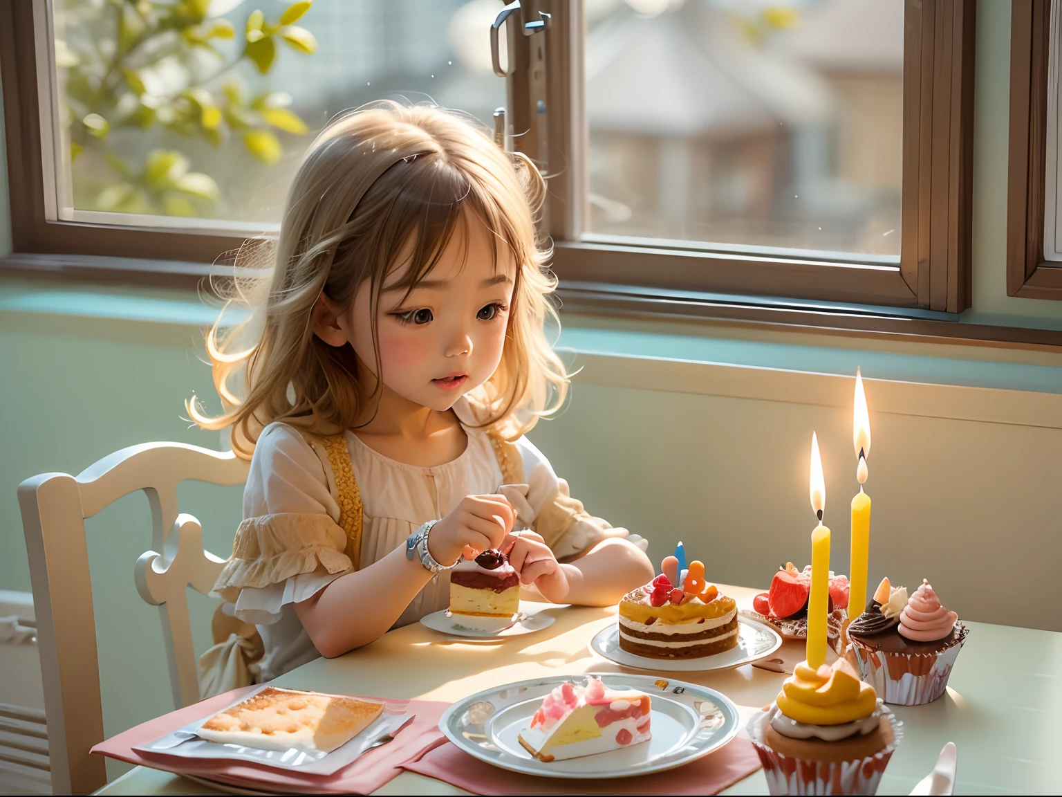 5  girl, adolable, sitting at the dining table, Birthday cake on the table, Sunlight outside the window