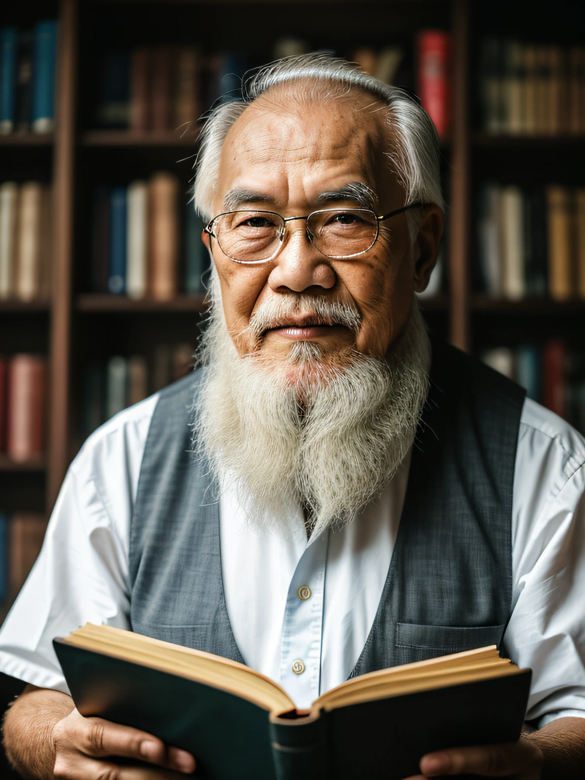 Hyper-Resolution, Ultra photo realsisim, cinema shot, An 80-year-old Asian father，Look at the viewer，Elderly father，Books in hand,Spiritual elderly,Single image， Short white hair，White Viking beard,  Wide shoulders,  High focal length, Bust photo，Faraway view，Digital SLR, Dark Studio, rim lit, twotonelighting, Dimly lit, low tune, Backlight,