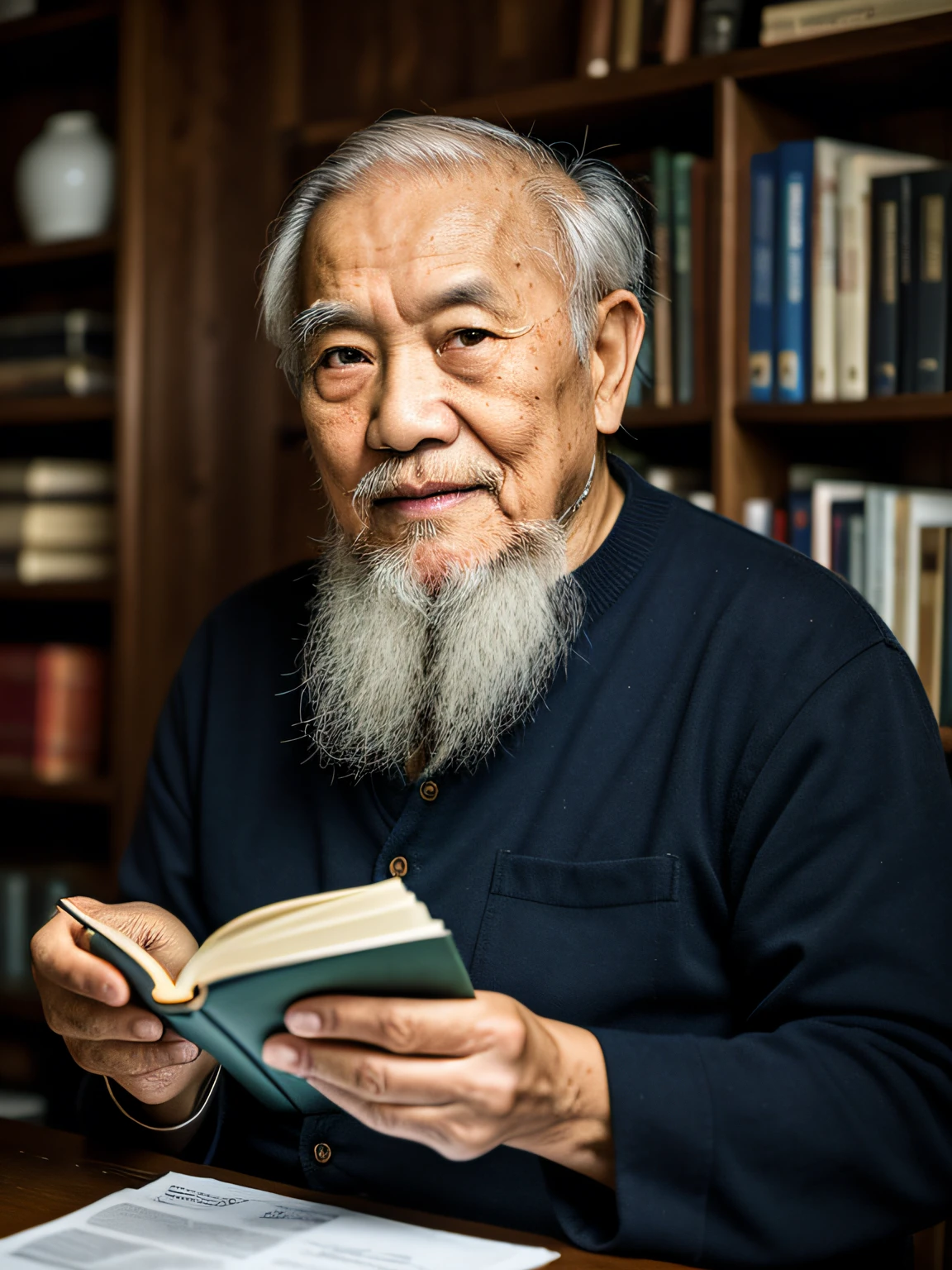Hyper-Resolution, Ultra photo realsisim, cinema shot, An 80-year-old Asian father,Look at the viewer,Elderly father,Books in hand,Spiritual elderly,Single image, Short white hair,White Viking beard, Wide shoulders, High focal length, Bust photo,Faraway view,Digital SLR, Dark Studio, rim lit, twotonelighting, Dimly lit, low tune, Backlight,