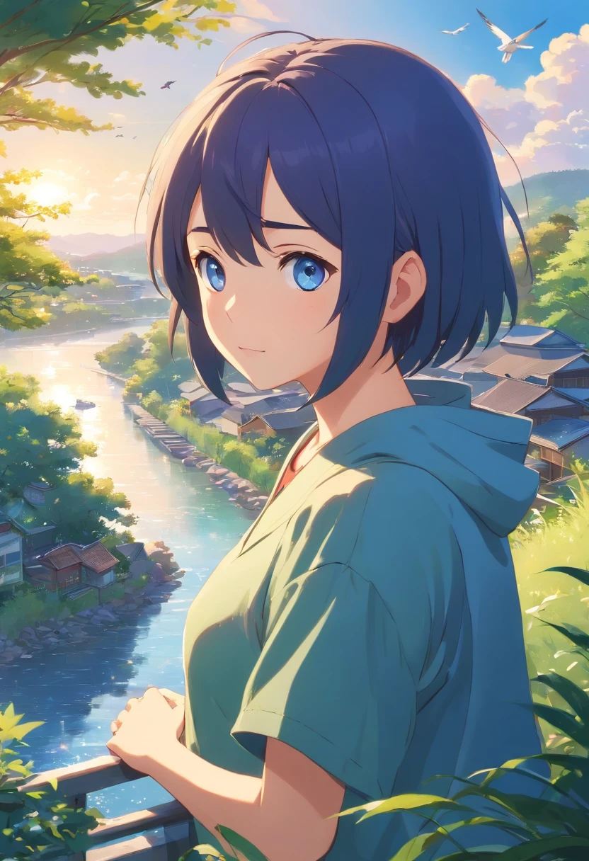 (best quality,realistic:1.2),fat boy,blue-eyed,beautiful village surrounded by birds,near the river
