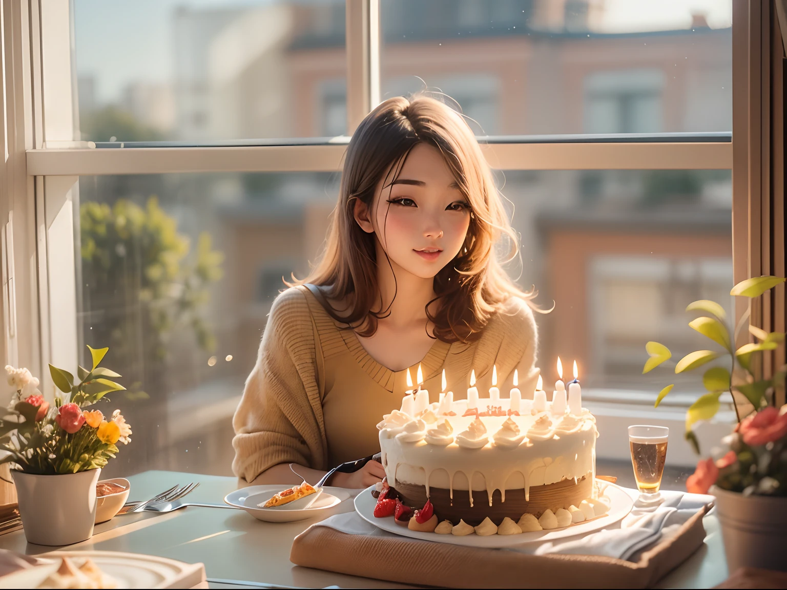 25-year-old girl, adolable, sitting at the dining table, Birthday cake on the table, Sunlight outside the window