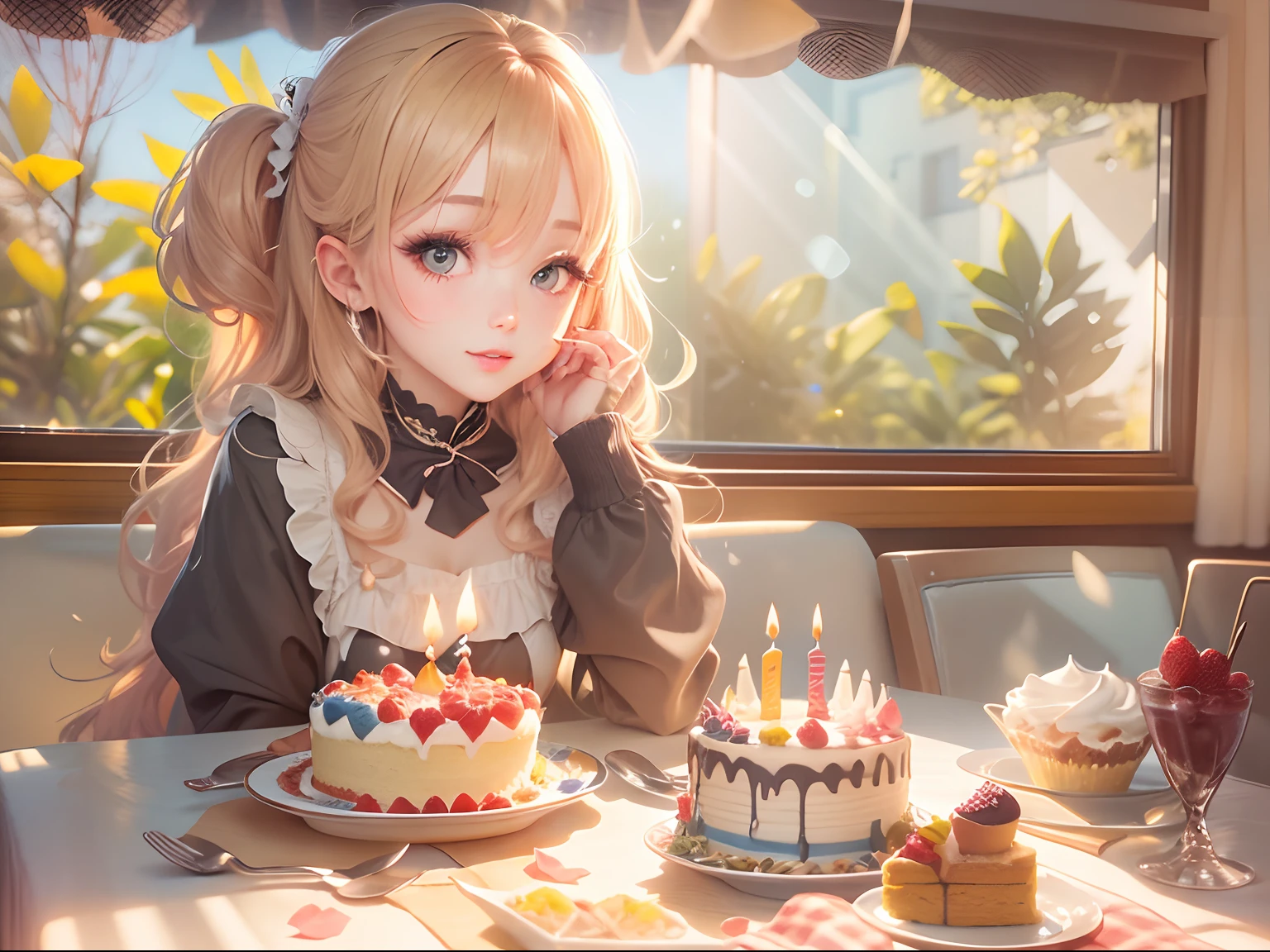 ((8k, Highest quality, masterpiece: 1.3)),Ultra-high resolution,(1 girl, alone), (Color changing eyes, Ultra-detailed, Expressive brilliance, Glitter, Glowing Eyes), Highly detailed eyes, Highly detailed face, Random Hair, ((pastel colour)) The woman, with long, wavy blonde hair, is setting the table for dinner. She’s dressed in a simple, elegant dress, perfect for a cozy evening at home. Her expression is warm and inviting, her blue eyes bright with anticipation as she looks at the camera with a soft smile. The dining room is softly lit by candlelight, creating a romantic atmosphere. The table is set with plates, silverware, and a bottle of wine, ready for a special meal together.