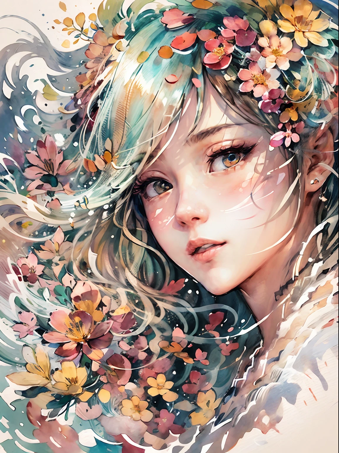 (masutepiece),best quality,3D oil painting, Illustration,Art Nouveau,Sumi-e,Portrait,onry_1girl_Face,(White background:1.4),(the Extremely Detailed CG Unity 8K Wallpapers:1.1),(Colorful:0.8), (Ink splashing),(splashes of colour),((watercolor paiting)),flowers background,Outdoors,boulders,Soft smile,pure,(beautiful),Detailed and complex pattern,colorwater,(Face Focus),Looking at Viewer