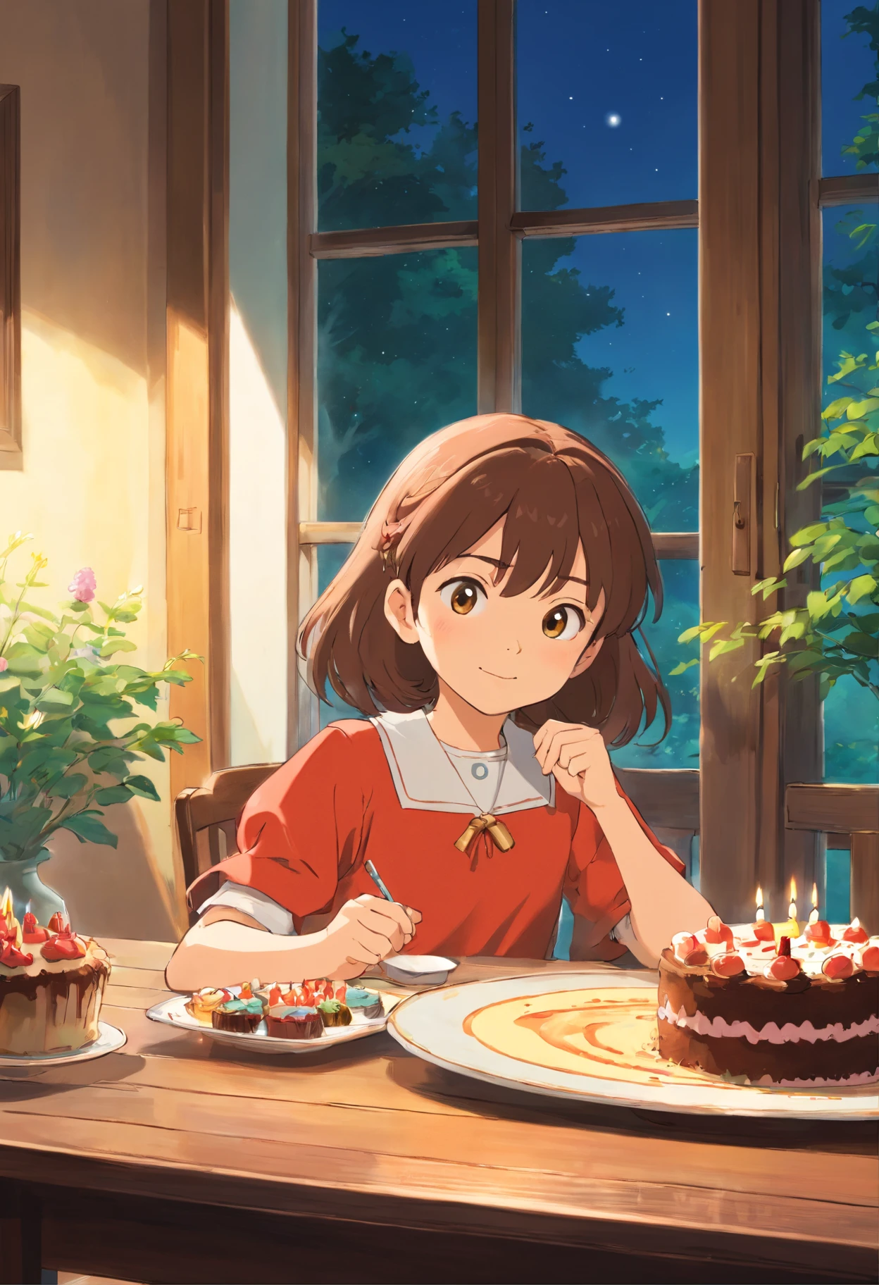 5 girl, adolable, sitting at the dining table, Birthday cake on the table, Sunlight outside the window.