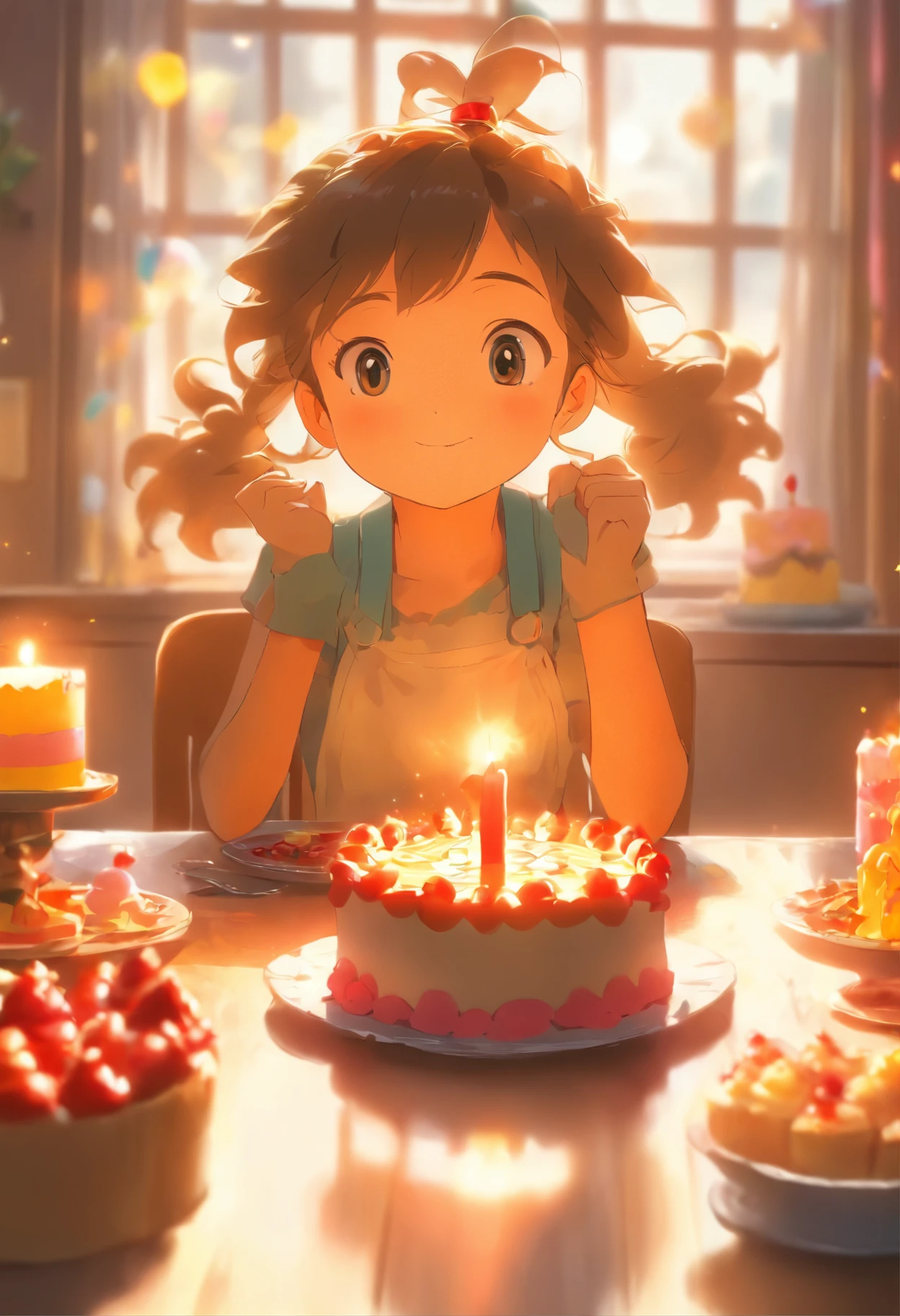 5 years old girl, adolable, sitting at the dining table, Birthday cake on the table, Sunlight outside the window