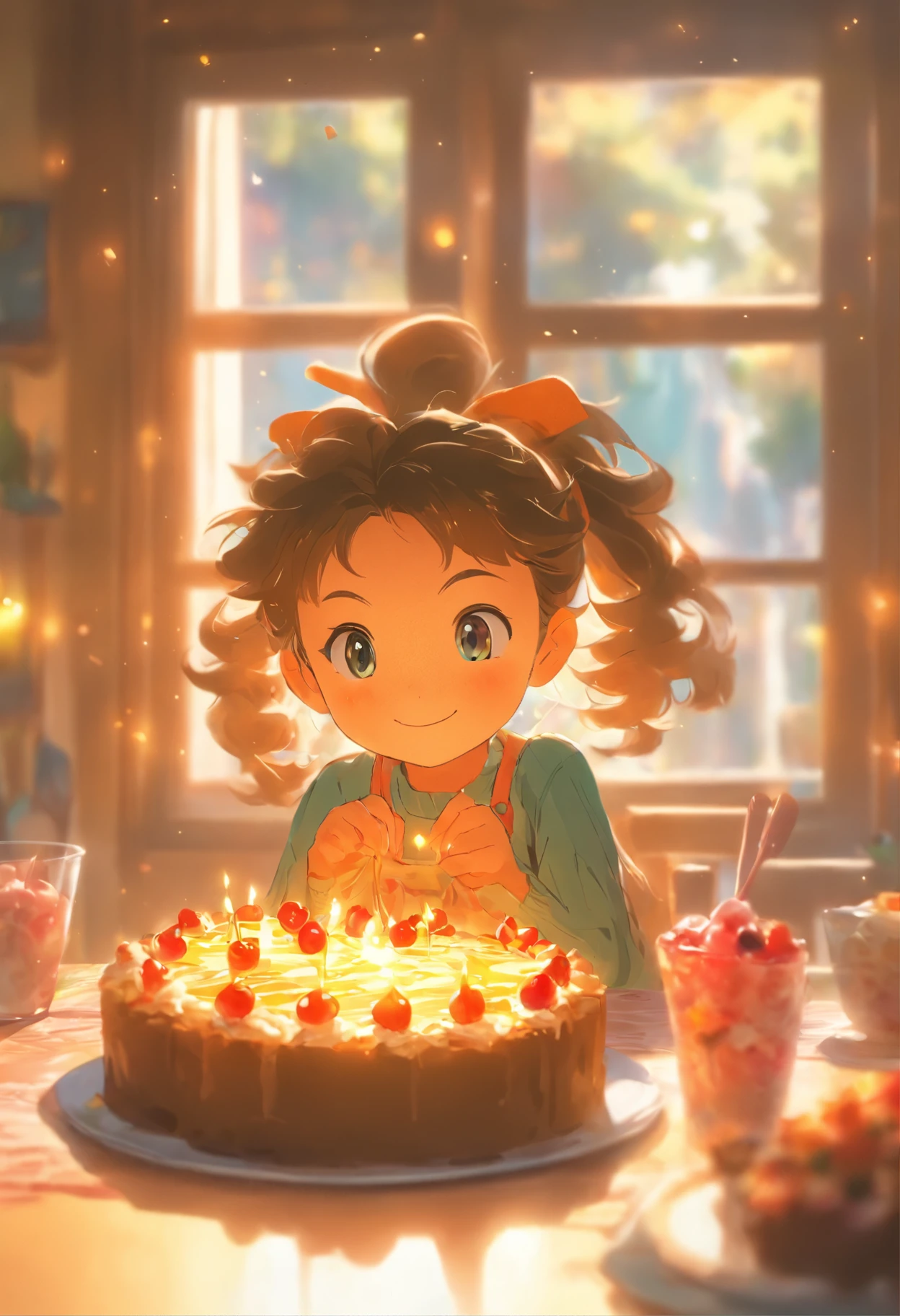 girl, adolable, sitting at the dining table, Birthday cake on the table, Sunlight outside the window
