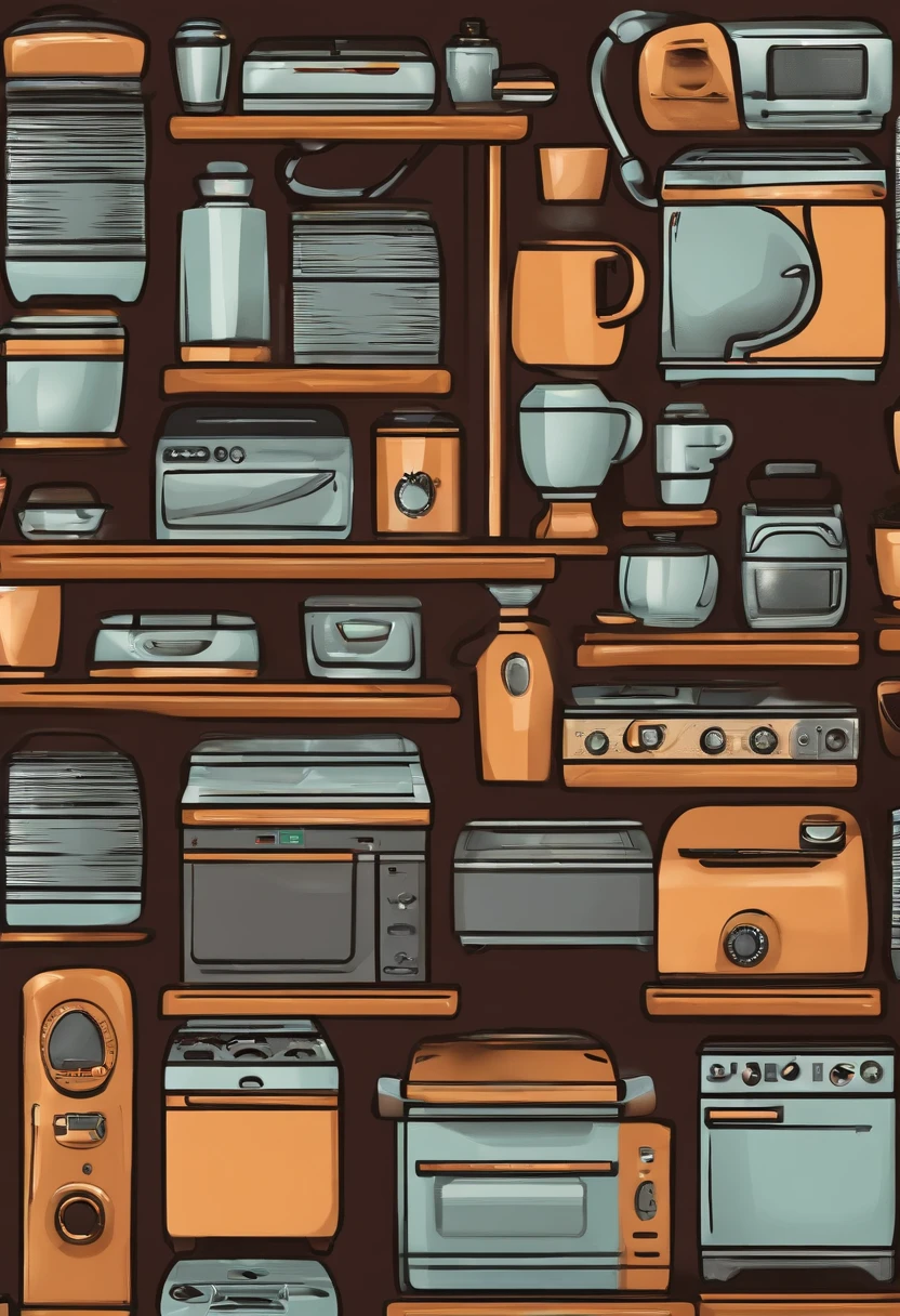 Close-up of many electrical appliances on a wooden floor, Product Display , Product Display, Luxury equipment, Product Design Display, Professional product images, A large number of electronic devices, product photography, Commercial Product Photography, High-tech equipment, electricity, Professional Product Photography, The product is cartoonish, bright light color.