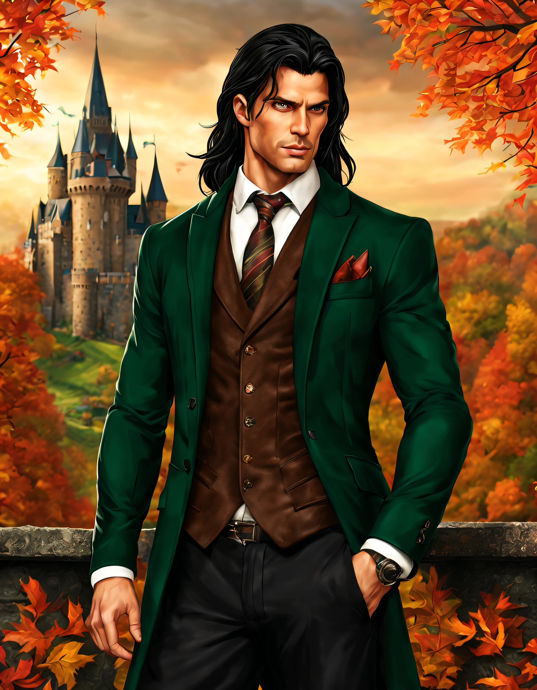 Generate a highly detailed and photorealistic HALF-BODY EUROPEAN BEAUTIFUL STRONG BRUTAL man-SORCERER in his late twenties. Jack has tanned skin with subtle lines from outdoor exposure, deep green eyes that reflect determination and weariness, LONG BLACK hair, FULL-DRESSED IN BUSINESS SUIT, FANTASY STYLE. AUTUMN CASTLE ON BACKGROUND