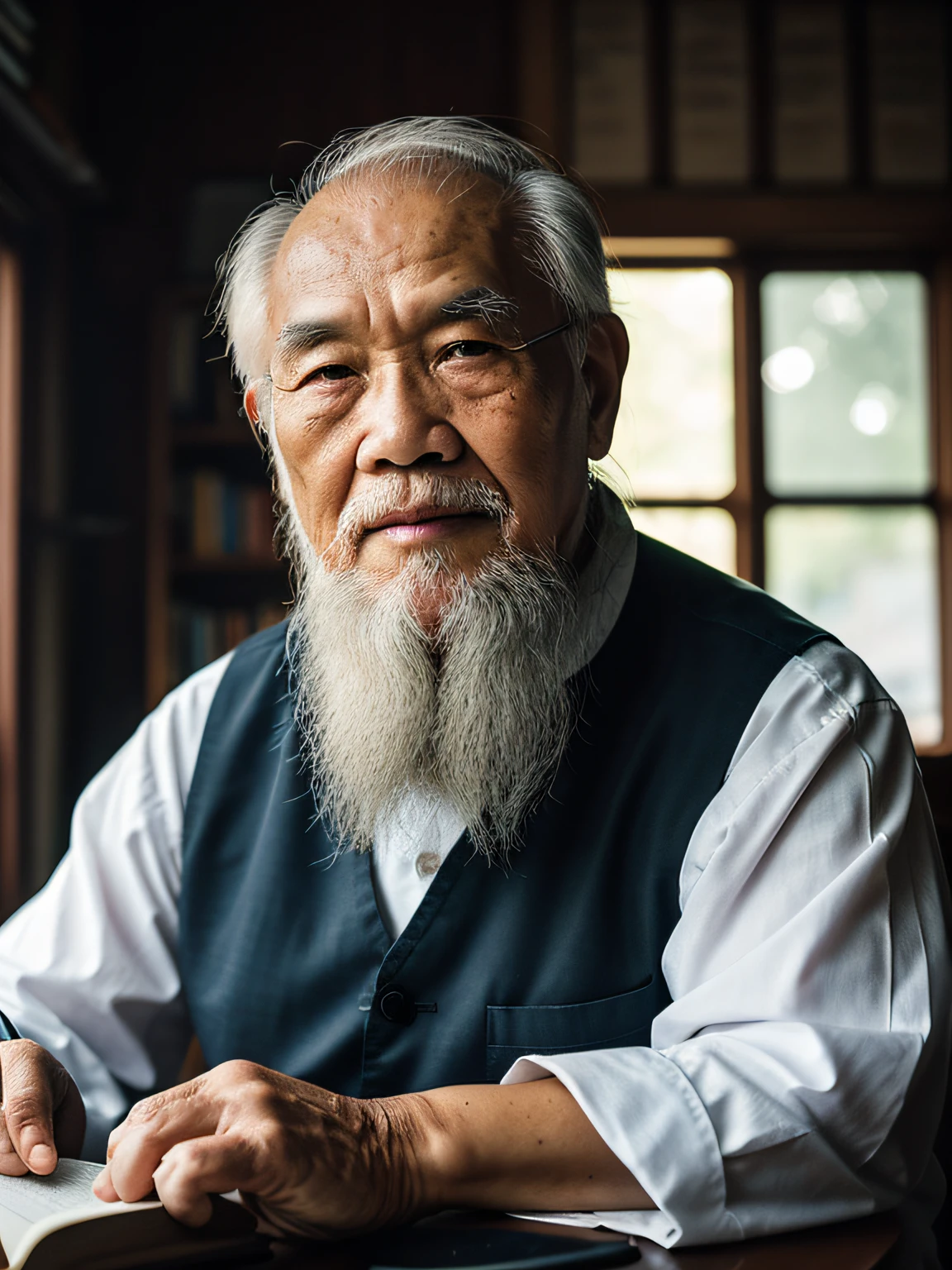 Hyper-Resolution, Ultra photo realsisim, cinema shot, An 80-year-old Asian father，Look at the viewer，Elderly father，Books in hand,Spiritual old man,Single image， Short white hair，White Viking beard,  Wide shoulders,  High focal length, Bust photo，Faraway view，Digital SLR, Dark Studio, rim lit, twotonelighting, Dimly lit, low tune, Backlight,