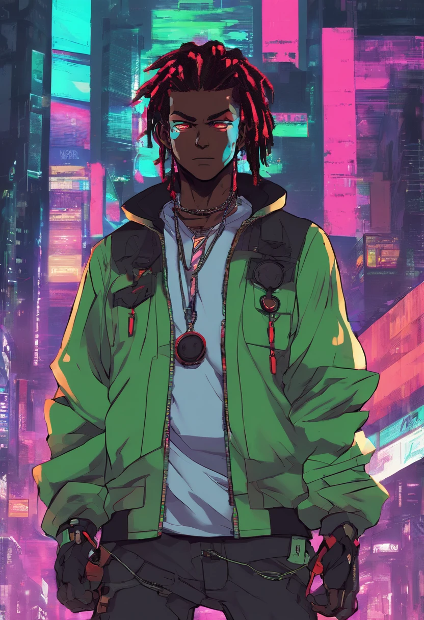anime dark skin guy with chain around his neck and green jacket, he has black dreadlocks, heterochormia, multicolored eyes((left eye:green iris, right eye:red iris)), badass anime 8 k, digital cyberpunk anime art, cyberpunk anime art, trigger anime artstyle, modern cyberpunk anime, anime cyberpunk art, hero pose colorful city lighting, cyberpunk street goon, cyberpunk art style, digital cyberpunk - anime art, akira artstyle, cyberpunk dude, in cyberpunk style, cyberpunk artstyle
