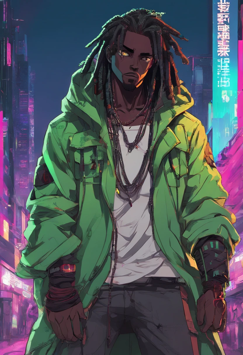 anime dark skin guy with chain around his neck and green jacket, he has black dreadlocks, heterochormia, multicolored eyes((left eye:green iris, right eye:red iris)), badass anime 8 k, digital cyberpunk anime art, cyberpunk anime art, trigger anime artstyle, modern cyberpunk anime, anime cyberpunk art, hero pose colorful city lighting, cyberpunk street goon, cyberpunk art style, digital cyberpunk - anime art, akira artstyle, cyberpunk dude, in cyberpunk style, cyberpunk artstyle