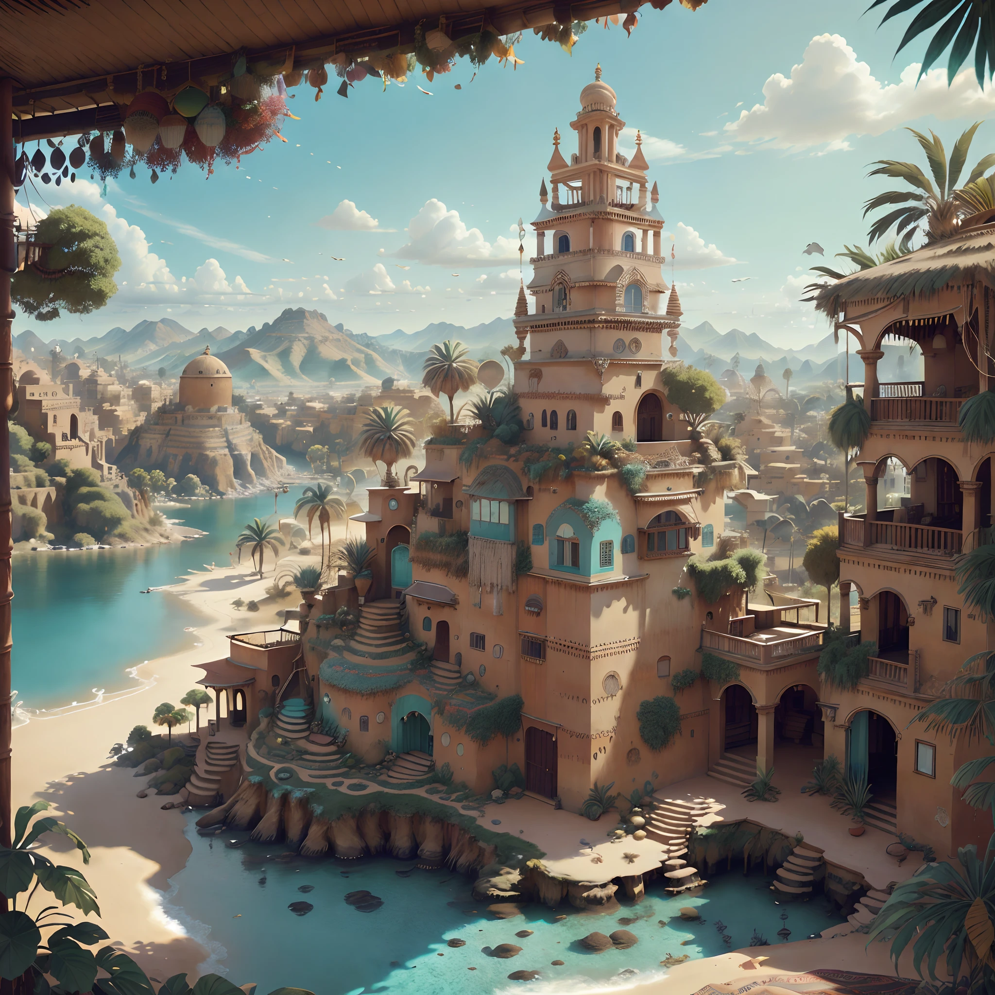 ciudad tipo hindu, desierto, palmeras, muchas casas, edificios altos, terrazas, agua, cataratas, mar turquesa, antiquity, color, fotoreaslimo, ciudad enorme, grande, edificios rascacielos, proyecto, calidad obra maestra