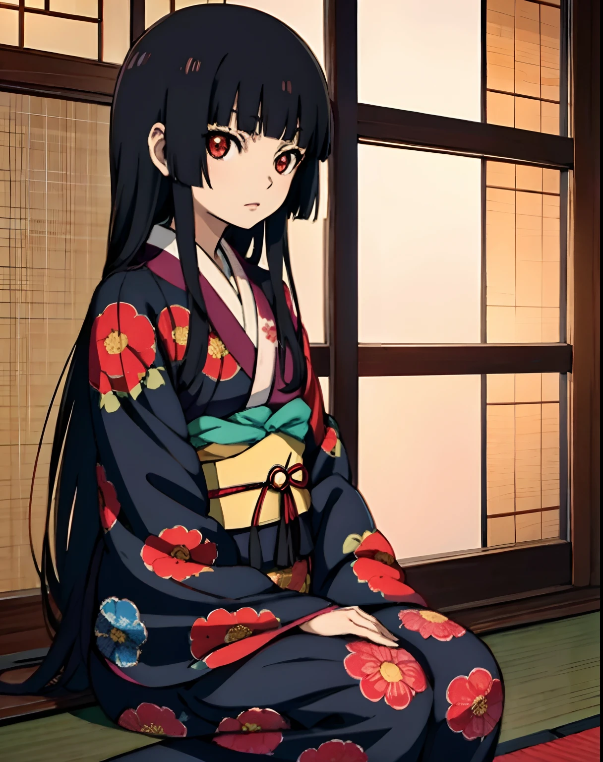 masutepiece, Best Quality, 1girl in, Solo, Enma Ai, Black kimono, with floral pattern, komono, Sunset, Twilight, Beautiful, gravure, hime_cut, blunt_Bangs, very_long_hair, shouji, window, Tatami mats, Scenery, Cinematic lighting, masutepiece, Best Quality, Perfect composition,