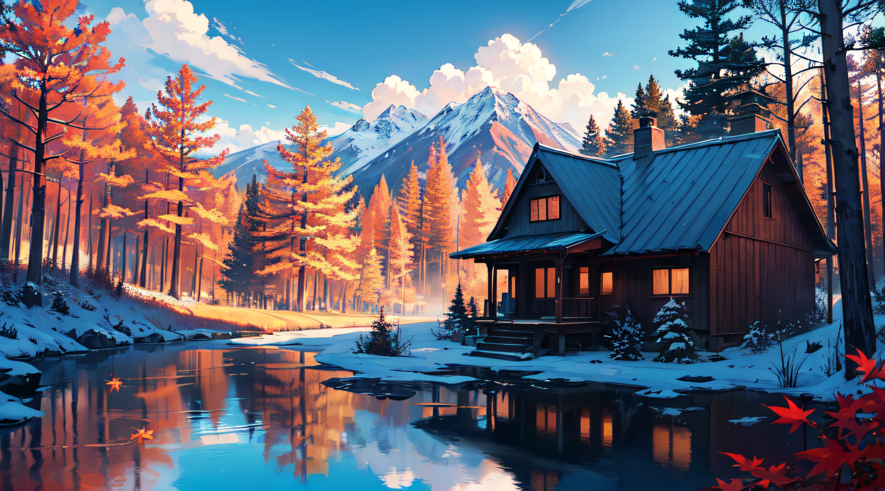 a wooden house in the forest, poor, morning, sunshine, nobody, graphic ultra HD, anime detailed, sky with clouds, no person, high quality, with red trees, leaves fall , spring, after winter, right: mountain, left: lake, forest, upscale, not bad view, perfect view, most, masterpiece, (hd quality 8k), (very detailed unified 8k wallpaper) anime version.