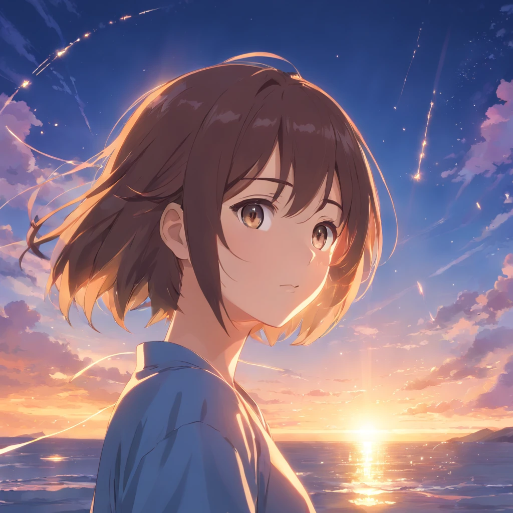 (foco no perfil)obra-prima, melhor qualidade, filme ainda, 1 boy, garota nuvem, floating into the sky, close-up, brilhante, feliz, Soft lighting and Warm, sun sunset, (Sparks: 0,7)