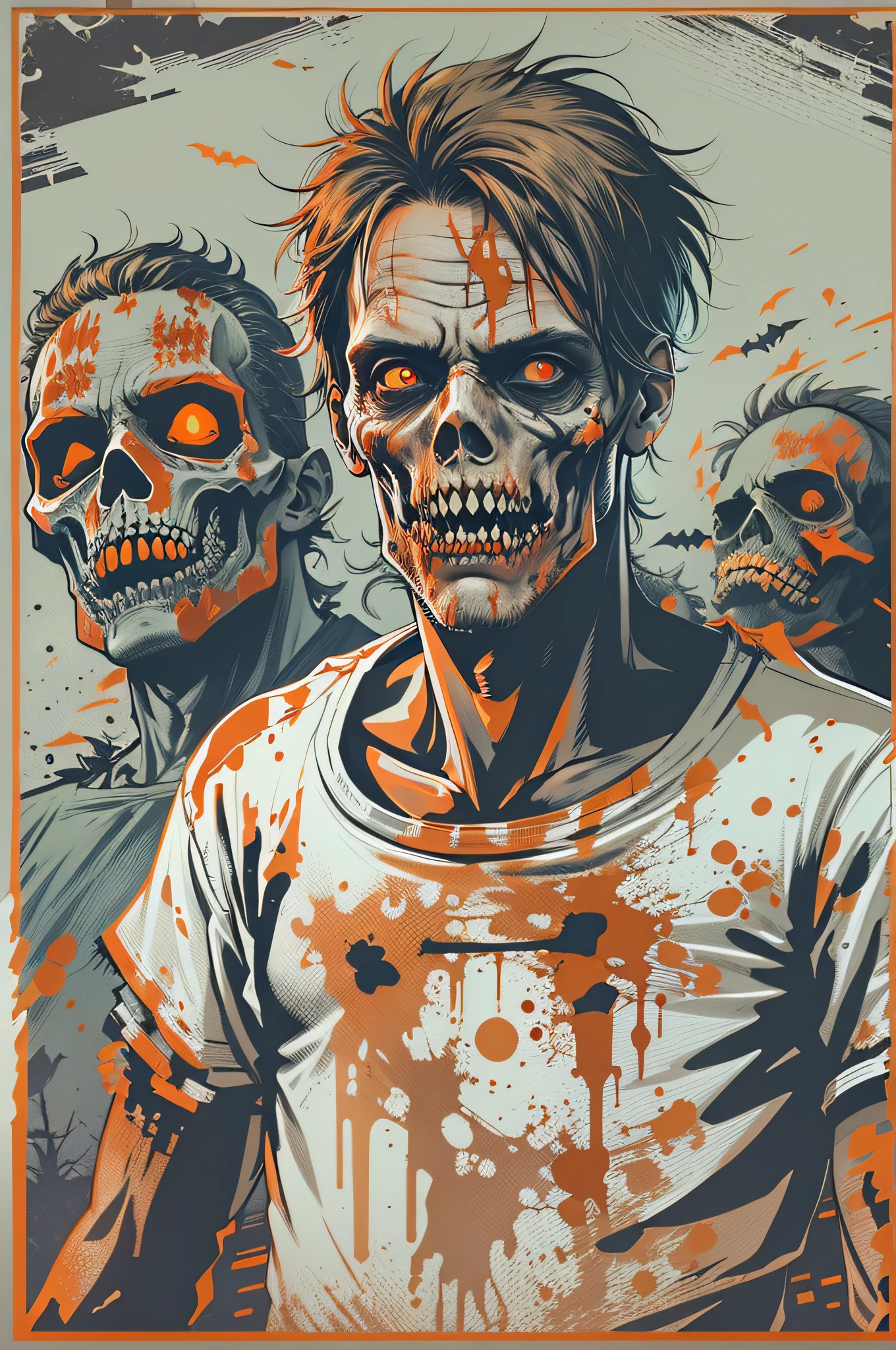High quality design vector style image, t-shirt printing style, zombie graphic art, white background realistic colors, Halloween theme graphic design style Halloween scene