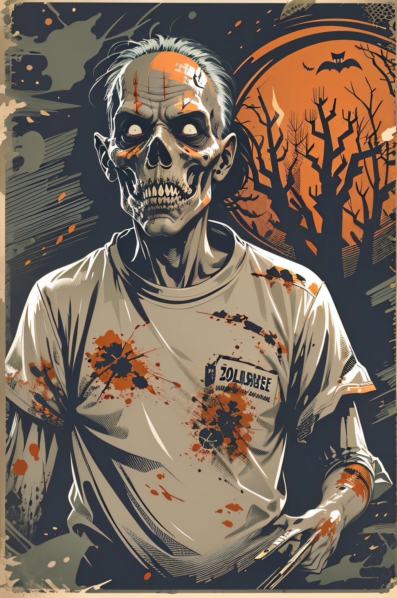 High quality design vector style image, t-shirt printing style, zombie graphic art, white background realistic colors, Halloween theme graphic design style Halloween scene