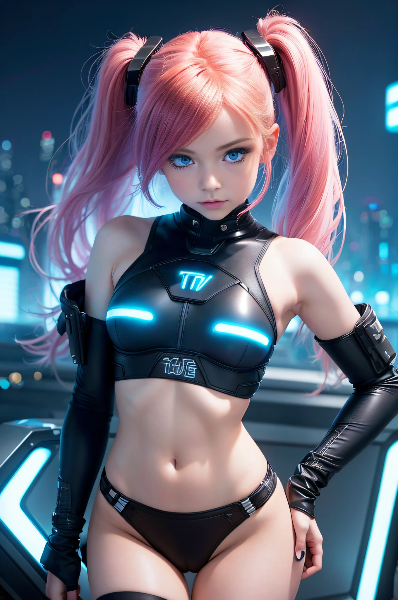 1 girl, solo, (nsfw), cute redhead 18-year-old girl in twin tails, ((perfect female body)), (cute face make up), multiple (rainbow colored hair: 1.2), (beautiful detailed blue eyes: 1.6), (photo realistic eyes: 1.6), happy, Ukrainian, (petite body), ((small hips)), pale white skin, (micro bikini), ((thin pantyhose: 1.6)), (("TRON LEGACY futuristic city" style background)), (night time:1.2), photo realistic.