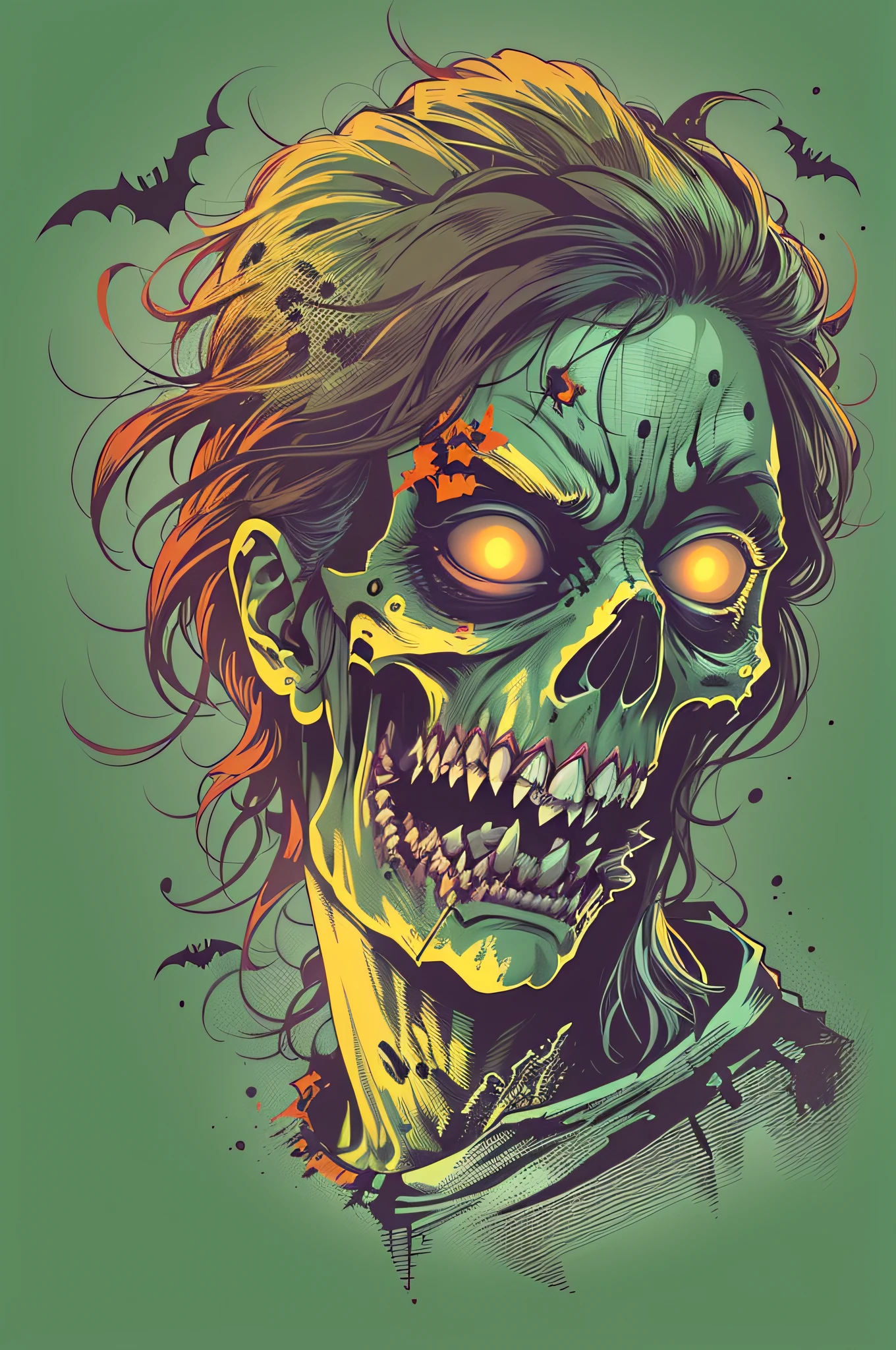 High quality design vector style image, t-shirt printing style, zombie graphic art, white background realistic colors, Halloween theme graphic design style Halloween scene