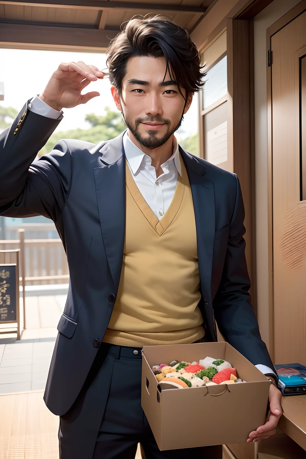 Title: Mr. Shisoku-Mai's Adventure: A Journey of Taste and Thought
Scene 1 - A Bright Morning:
Visualize a lively cityscape bathed in the warm glow of a bright morning sun. The bustling city life is in contrast to a peaceful park where Mr. Shisoku-Mai is introduced.
Mr. Shisoku-Mai is seated on a park bench, his unique Onigiri head with a central beard is noticeable, and his muscular legs are crossed in a relaxed manner.
Scene 2 - The Unveiling:
Transition to a close-up of Mr. Shisoku-Mai as he excitedly opens the TravelMate Meal Box, the yellow rectangular box with bold blue "TravelMate" lettering that forms his upper body.
His face lights up with anticipation, reflecting the playful and adventurous spirit of the brand.
Scene 3 - First Bite:
Capture the moment Mr. Shisoku-Mai takes a delightful bite of the Onigiri-flavored calorie bar.
As he chews, the reality around him begins to morph, transitioning into a whimsical animated world.
Scene 4 - The Whimsical Journey:
Depict a vibrant and whimsical realm where Mr. Shisoku-Mai finds himself dancing and singing along with animated flying Onigiri and dancing vegetables.
The path unravels through a surreal landscape of giant fruits and oversized food items, emphasizing the fun and imaginative exploration of flavors.
Scene 5 - Problem Solving:
Illustrate a series of quirky challenges that Mr. Shisoku-Mai solves with the help of his new food friends.
These scenes symbolize the meeting of nutrition and satisfaction, showcasing how TravelMate fuels one's daily adventures.
Scene 6 - Return to Reality:
Transition back to the peaceful park setting with Mr. Shisoku-Mai back on the bench, a satisfied smile on his face.
He holds up the TravelMate Meal Box toward the camera, showcasing the product that facilitated his whimsical journey.
Scene 7 - Tagline and Product Info:
Display the product’s tagline "TravelMate - Kickstart Your Taste Adventure!" as Mr. Shisoku-Mai waves goodbye, a cheerful end to the adventurous narrative