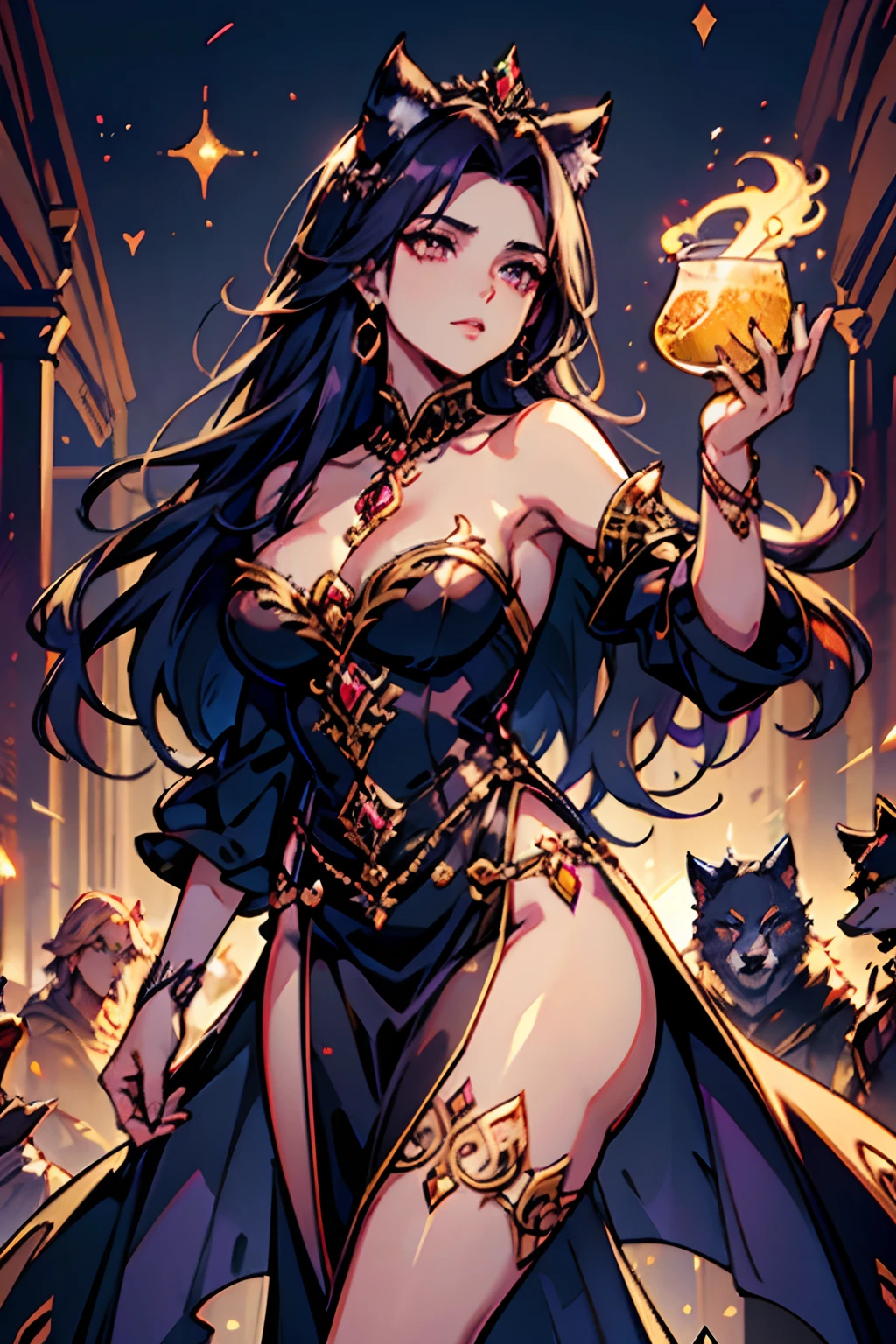 Mulher majestosa, com vestido muito longo roxo e dourado, cobrindo os seios, cobrindo parte das pernas, de cabelo preto, com rabo de lobo e orelhas de lobo, familyfriendly.