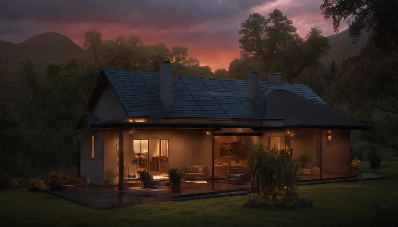 chico disfrutando de la lluvia en el techo de una casa al atardecer, 8k, fotorrealista