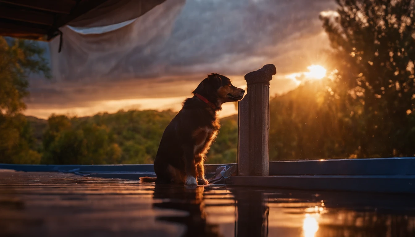 chico disfrutando de la lluvia en el techo de una casa al atardecer, 8k, fotorrealista