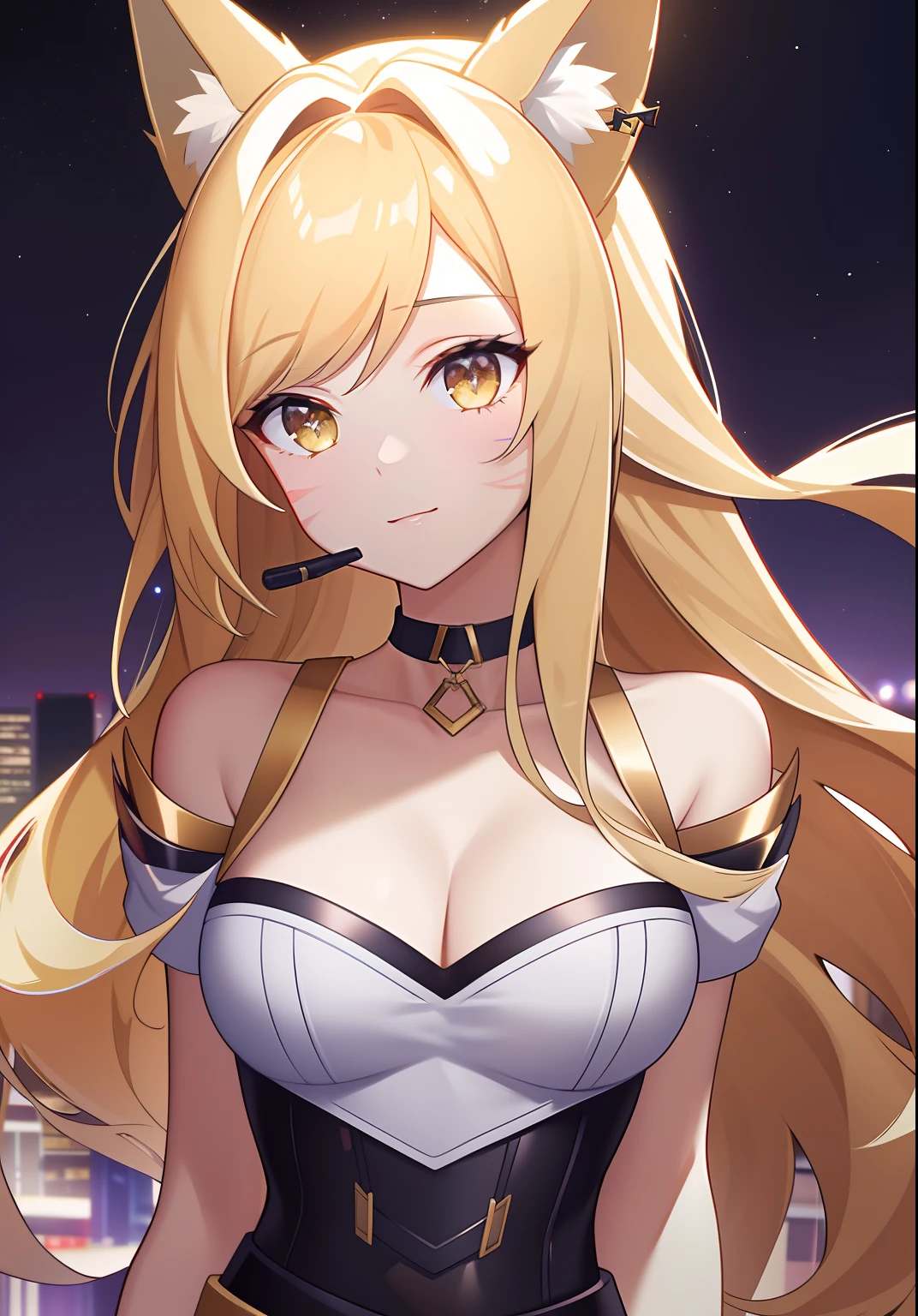 ((masterpiece)), (best quality:1.7), (detailed:1.4), (high res:1.4), 8k, (colorful:1.5), 2d, high resolution, sharped image, 4k, hd, kda_ahri_league, 1girl, (((solo))), (((blonde hair))), yellow eyes, long hair, upper body, cleavage, medium breasts, headset, choker, thighhighs, black thighhighs, animal ears, fox ears, jewelry, bare shoulder, short sleeves, white shirt, black short, facial marks, whisker markings, idol, jewelry, bracelet, black boots, ((idol)), night, ((stars)), moon, city lights, ((modern street)), (((lights))),