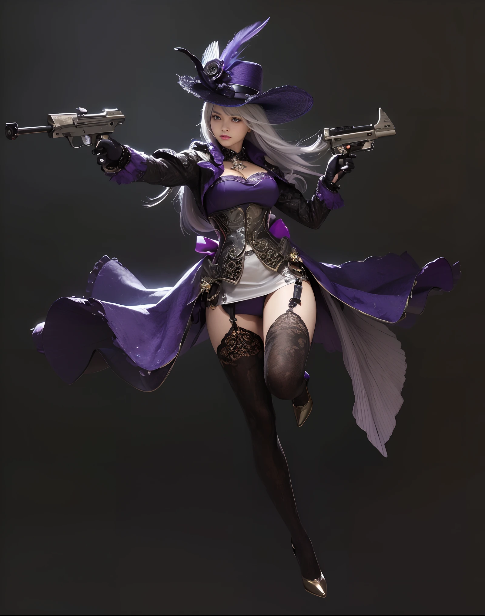 a beautiful woman with silver hair in a purple dress and purple hat with blue feathers, holding the same identical magic pistol’s in both hands, fashionable, a attractive female gun slinger, stunning character art, epic exquisite character art, dark fantasy Victorian era female , (Extremely Detailed), (Best Illustration), (Beautiful and Detailed Eyes), (Best Quality), (Ultra Detailed), (Masterpiece ), ( wallpaper), (detailed face), solo, (realistic, photo-realistic:1.37), (insanely detailed:1.3), 8k, (masterpiece), (best quality:1.4), (ultra high res:1.2), (RAW photo:1.2), professional lighting, cinematic realism