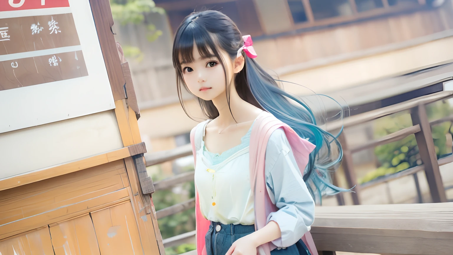 1girl, realistic, detail skin, light blue hair, cute