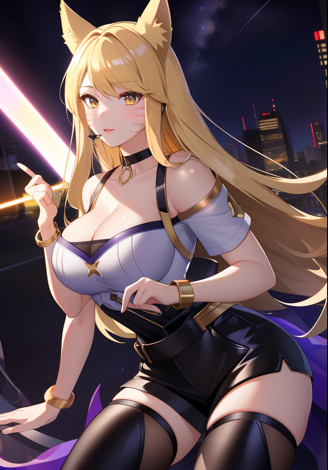 ((masterpiece)), (best quality:1.7), (detailed:1.4), (high res:1.4), 8k, (colorful:1.5), 2d, high resolution, sharped image, 4k, hd, kda_ahri_league, 1girl, (((solo))), (((blonde hair))), yellow eyes, long hair, upper body, cleavage, medium breasts, headset, choker, thighhighs, black thighhighs, animal ears, fox ears, jewelry, bare shoulder, short sleeves, white shirt, black short, facial marks, whisker markings, idol, jewelry, bracelet, black boots, ((idol)), night, ((stars)), moon, city lights, ((modern street)), (((lights))),