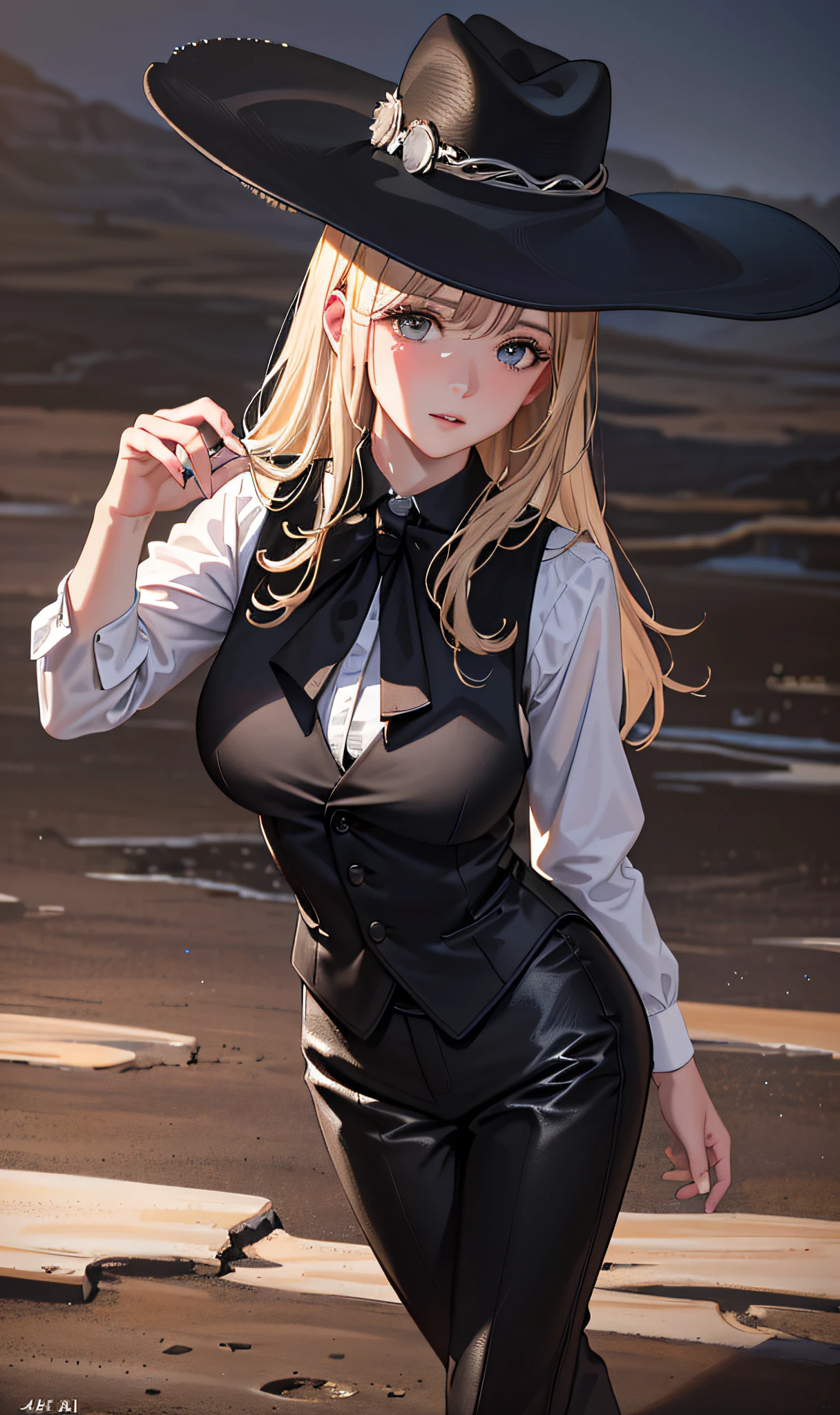 (Best quality,4K,8K,A high resolution,Masterpiece:1.2),Ultra-detailed,(Realistic,Photorealistic,photo-realistic:1.37),Night,A Stunningly Beautiful Girl,Wearing a black cowboy hat,Black suit,Black vest,White shirt, cowboy boots,Ride through the wild western landscapes,In the medium shot,Surrounded by barren land.