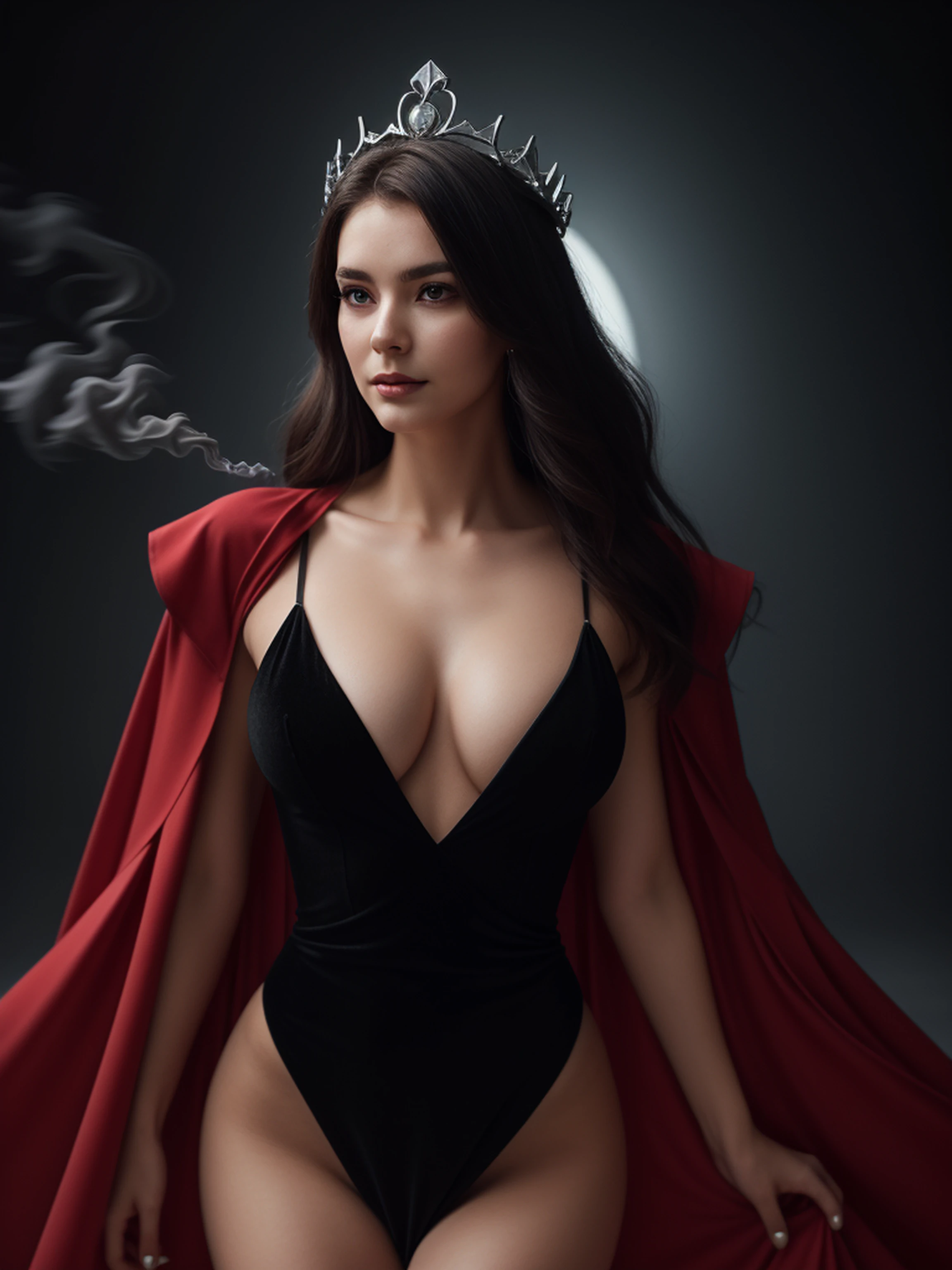 ((full-body, close-up)),(best quality,4k,8k,highres,masterpiece:1.2),ultra-detailed,(realistic,photorealistic,photo-realistic:1.37),(1girl),(18years old),(((irene1:1.2))),(((Excella_er5:1.2))),(sharp focus:1.5),pearl skin,(skin pores:1.1),extremely detailed face and skin texture,(skin texture:1.1),black hair,tall and slender body,(192cm tall),thin and delicate figure,graceful posture,strong and defined muscles,flawless skin,defined abs,perfect curves,feminine appearance,beautiful long legs,embodying elegance and beauty,cleavage breasts,((wearing a (red) dress)),(ultra-short miniskirt),vibrant colors,extremely detailed and realistic clothes,(colorful),(film grain:1.3),portrait,dark realistic,evil queen,dark atmosphere,red and black color palette,intense shadows,haunting eyes,flowing black hair,crown adorned with horns,sinister smile,pale skin,demonic elements,ornate jewelry,black velvet gown,wisps of smoke,ominous background,dramatic lighting,regal and powerful presence.