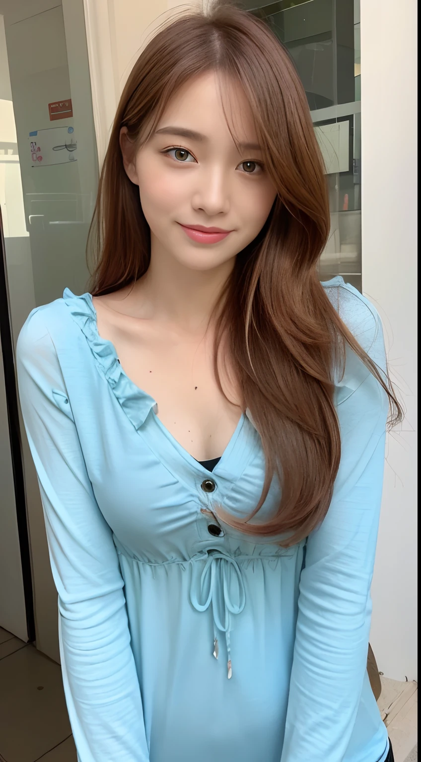 ((top-quality、8k、masterpiece:1.3))、1 Scandinavian girl、a smile、blue eyess、copper hair((full bodyesbian:1.3))、Innocent Pose、360-degree free photography、Slim Faces、Pretty women、(Free Hair Colors)、Free colored tunics:1.1、Tunic above the knee、Simple patterns、Fashionable mules、hyperdetailed face、Narrow-eyed、二重まぶた、blured background、Slim Faces、城市、takeout、a street、small tits、Very small bust、flat breast、A slender