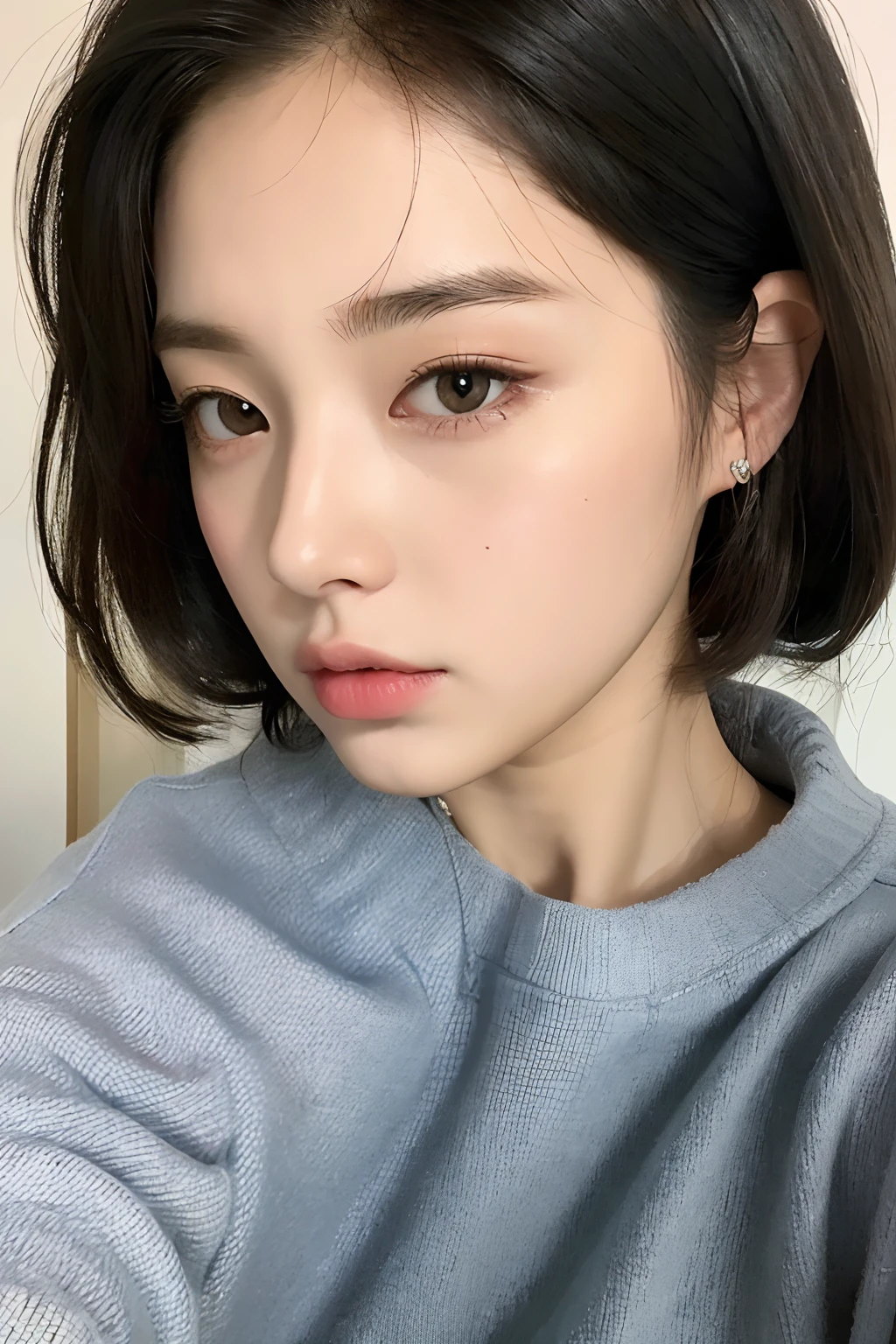 ((Best quality, 8k, Masterpiece :1.3)), 1 adorable girl with full body, youthful, delightful cute face, black hair, hair tied, oversized boyish outfit, aesthetic selfie, ultra-detailed face, extremely perfection, detailed eyes, double eyelid, big doe-eyed, straight nose, long eyelashes, detailed eyelashes, v-shape face, random pose, aesthetic pose, (random aesthetic background)
