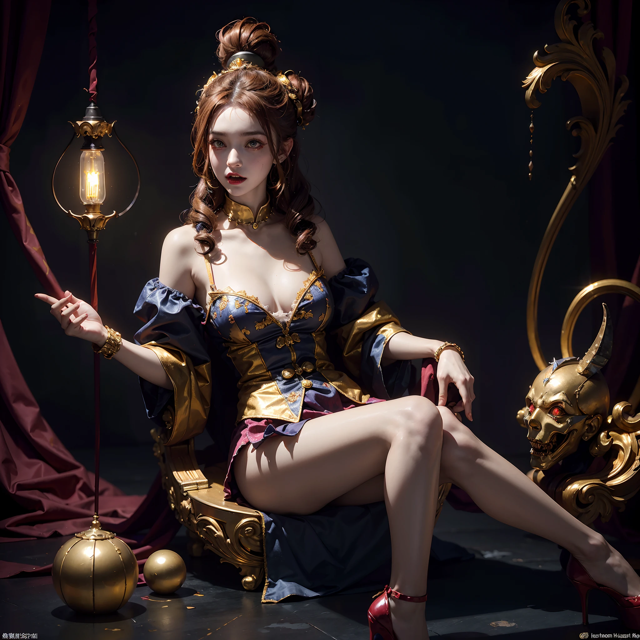 Crazy Clown Queen,sitting on golden throne,Jester cap,Clown costume, mitts,Vibrant colors, burst into laughter, dark gold hair,Cute,Horror,Wavy hair, hair-bun,high-heels。 (It's all blood),Circus props, spooky ambiance, haunted background。style of surrealism, Sharp contrast,ominous lighting,hdr,hyper HD,Studio lighting,painting-like,Ultra-fine painting,Sharp focus,Physically-based rendering,Extreme detail description,professional,((Horror)).