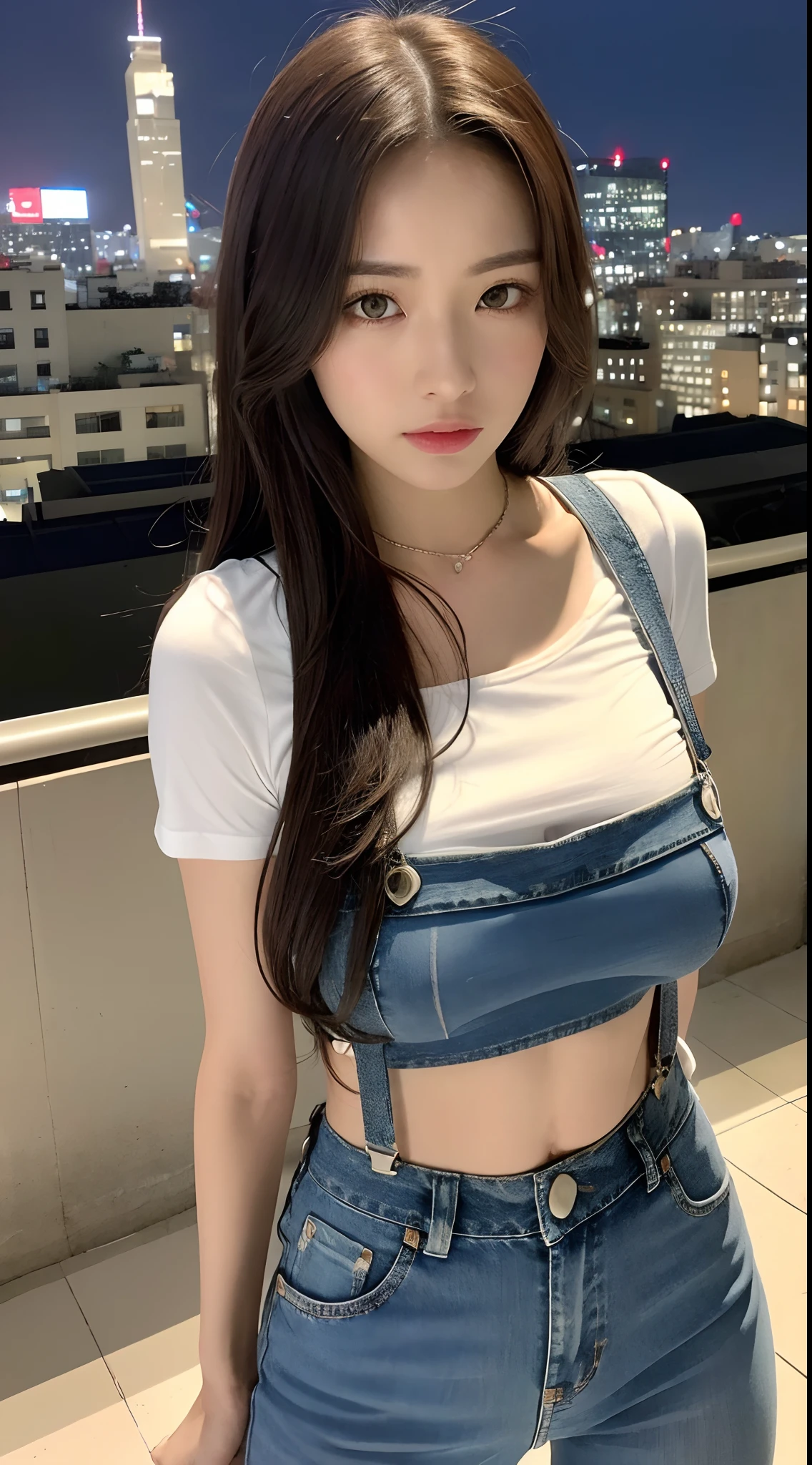 ((midynight, Need, 8k, tmasterpiece:1.3)), full bodyesbian, Long legs, Focalors:1.2, perfect figure beautiful woman:1.4, Slim abs:1.1, ((Dark brown hair, huge tit:1.2 )), (white tight t-shirt, Denim suspenders, standing on your feet:1.2), ((city night scene, Rooftop:1.3)), Highly detailed facial and skin texture, A detailed eye, 二重まぶた