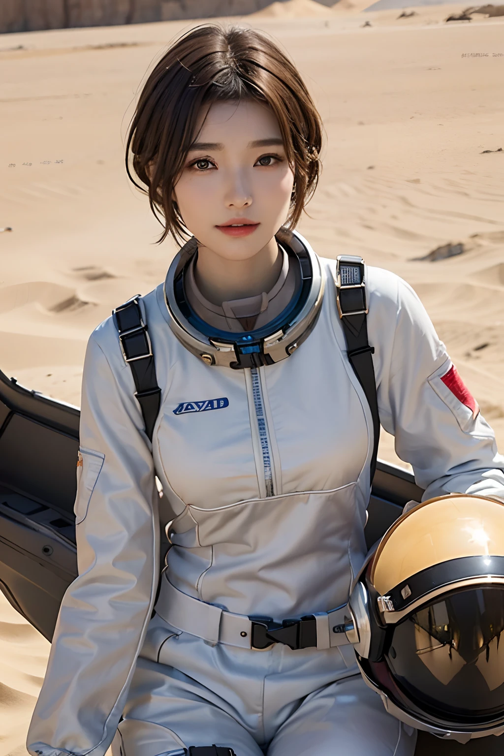 top-quality、​masterpiece、超A high resolution、(realisitic:1.4)、Beautuful Women１、Beautiful detail eyes and skin、ssmile、Light brown short-cut hair、The perfect spacesuit、Inside the spacecraft、Sand Planet、sandstorm、