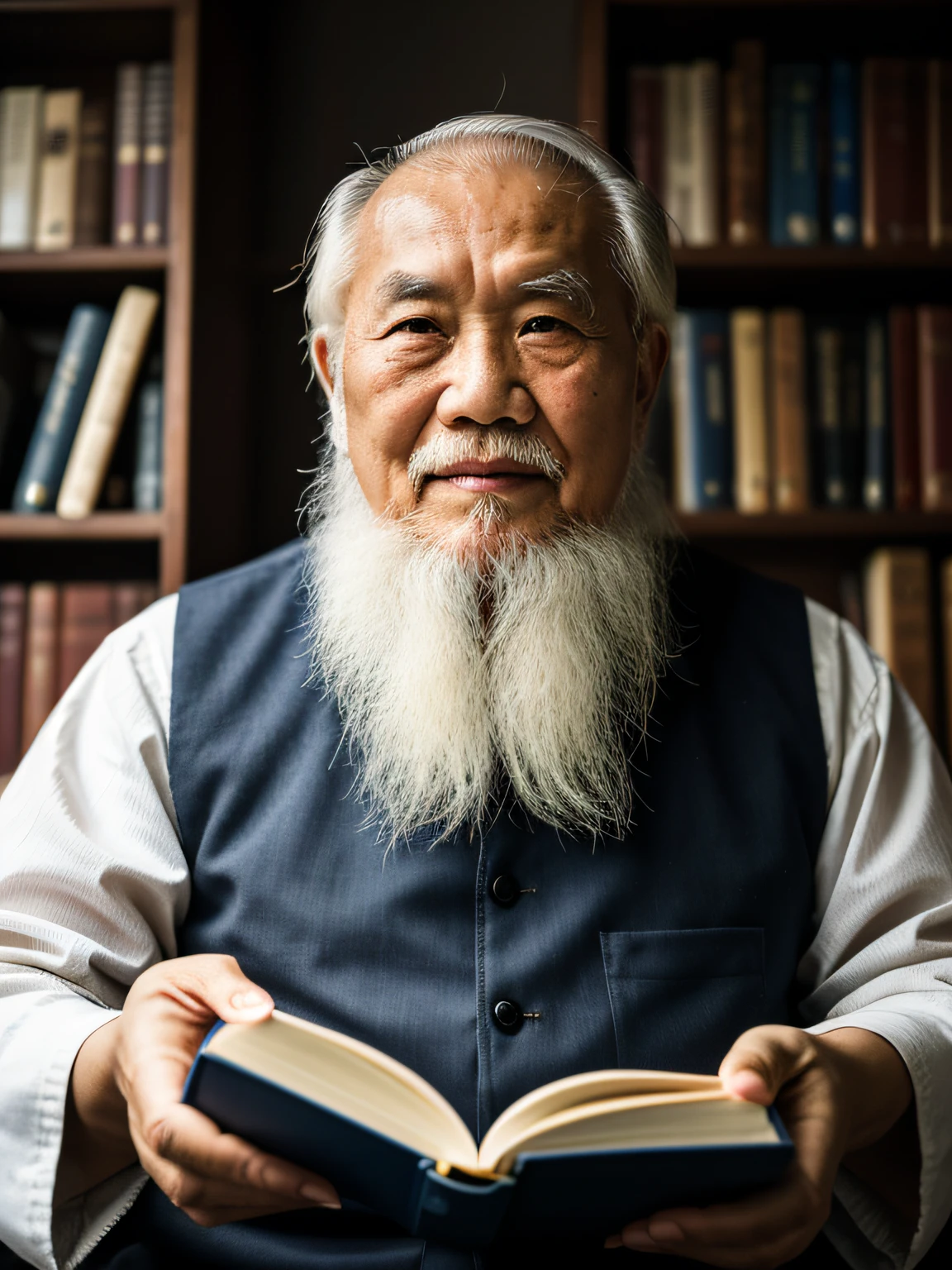 Hyper-Resolution, Ultra photo realsisim, cinema shot, An 80-year-old Asian father，Look at the viewer，Elderly father，Books in hand,Spiritual elderly,Single image， Short white hair，White Viking beard,  Wide shoulders,  High focal length, Bust photo，Faraway view，Digital SLR, Dark Studio, rim lit, twotonelighting, Dimly lit, low tune, Backlight,