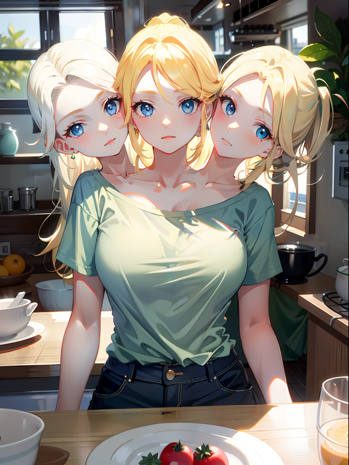 (masterpiece, best quality), best resolution, (3heads:1.5), 1girl, blond hair, light blue t-shirt, tan pants, apartment kitchen, green eyes, blue eyes, yellow eyes