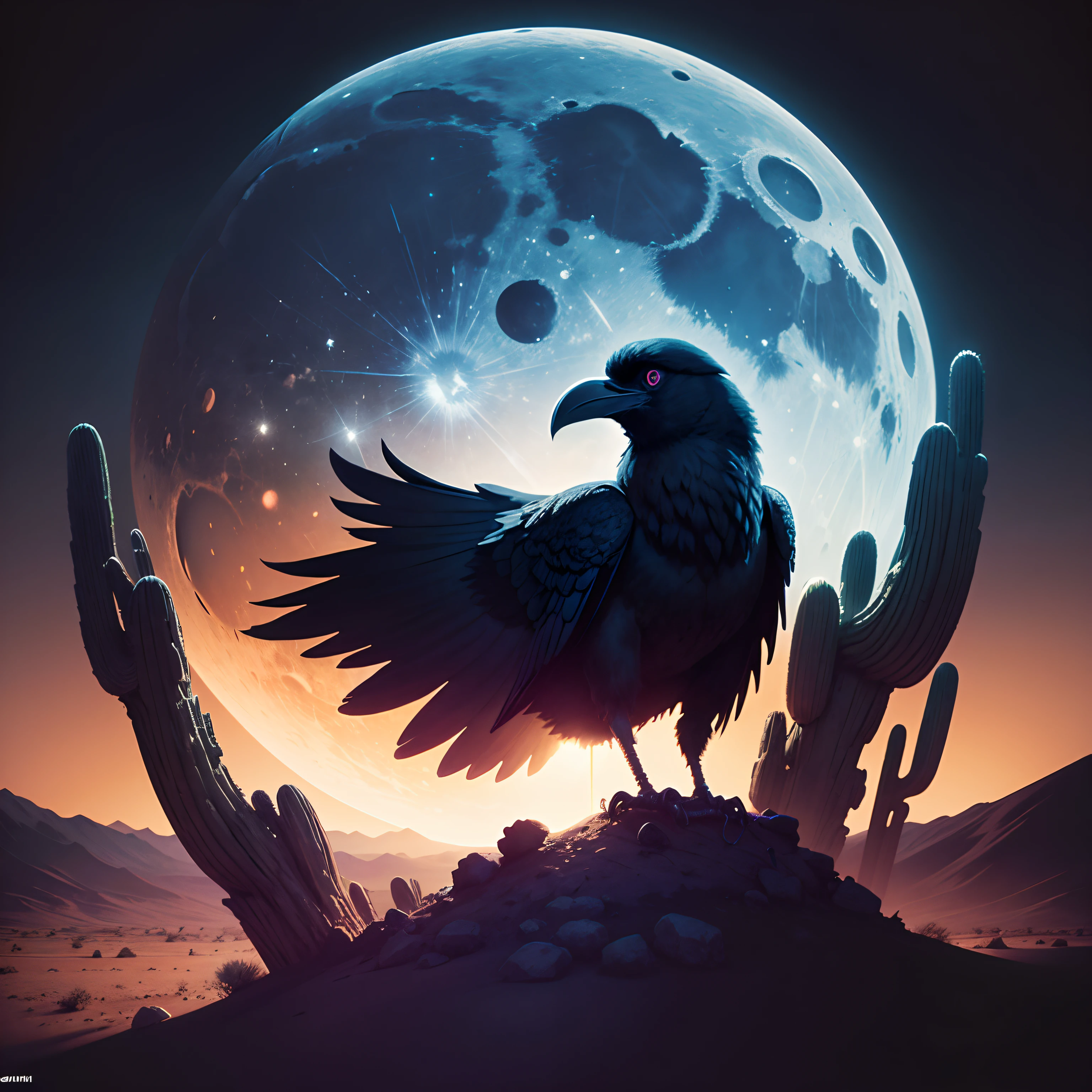 80's album cover, desert, night time, moon lit, raven bird, eerie vibe,