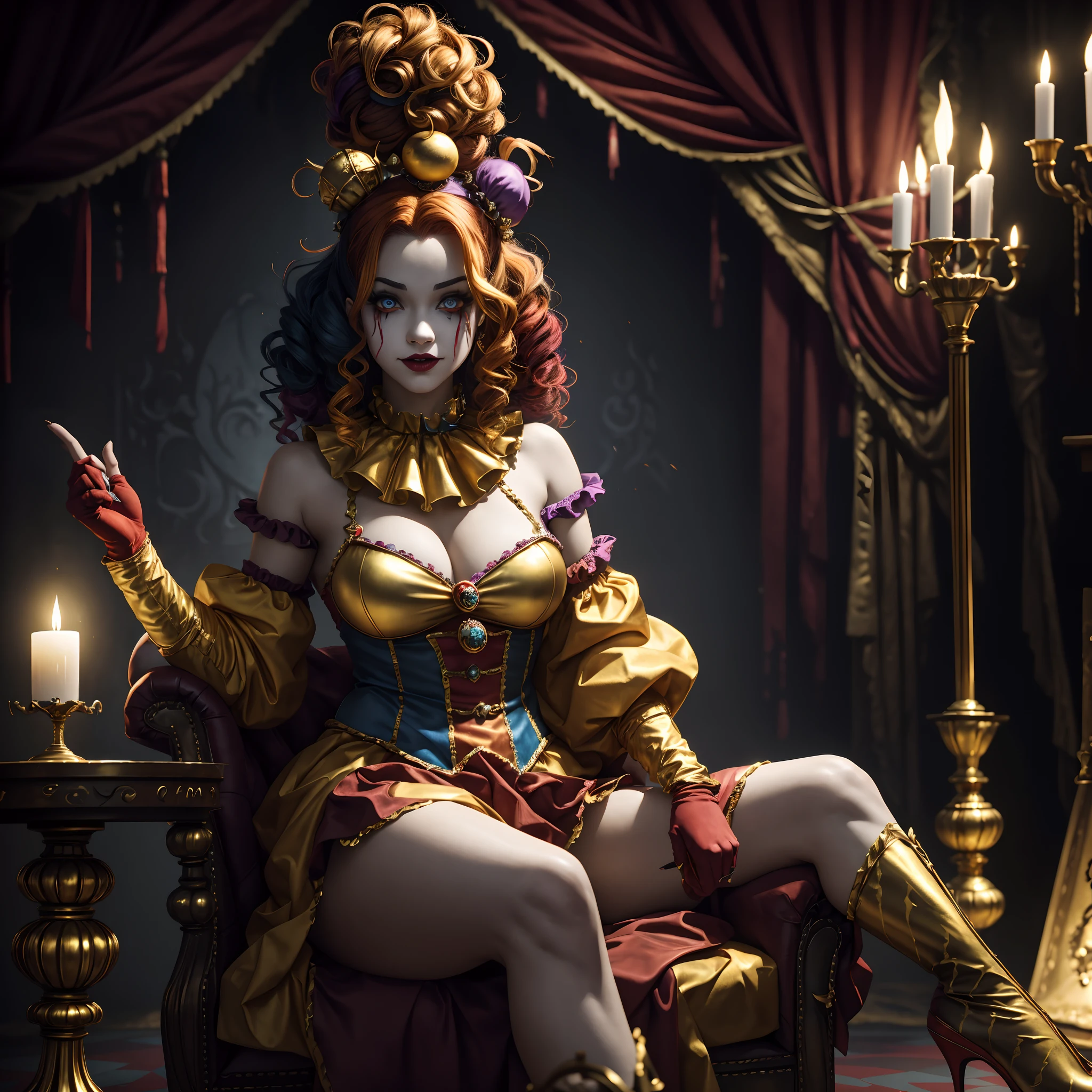 Crazy Clown Queen，sitting on golden throne,Jester cap,Clown costume, mitts,Vibrant colors, burst into laughter, dark gold hair,Cute,Horror,Wavy hair, hair-bun,high-heels。 (It's all blood)，Circus props, spooky ambiance, haunted background。style of surrealism, Sharp contrast,ominous lighting,hdr,hyper HD,Studio lighting,painting-like,Ultra-fine painting,Sharp focus,Physically-based rendering,Extreme detail description,professional,((Horror)).