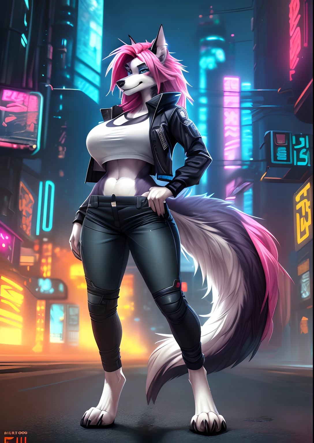 uploaded on e621, (by Wildering, by fluff-kevlar, by aycee), solo, neck tuft, hip tuft, leg tuft, big tail, fluffy tail, blue eyes)), ((black and white fur colors)), (masterpiece), (best quality), (anthro furry:1.3, snout:1.2, anthro:1.3, furry:1.2, solo female:1.2), (thick figure, curvy figure), (wide hips), (extremely thick thighs), (big  espose), (full body portrait, sexy pose, suggestive pose), (((canine))) BREAK (((sexy naked, expose big  , digitigrade feet))), (Long pink hair), (cyberpunk city background at night, depth of field, neon lights, ambient light on the body), (intricate:0.7), (high detail:1.3), (unreal engine:1.3), (sharp focus:1.15), [explicit content, questionable content], (masterpiece, best quality, 4k, 2k, shaded, absurd res)