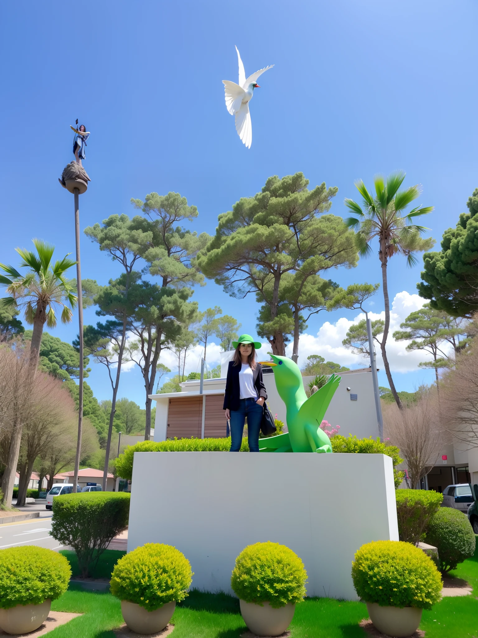woman standing in front of a sculpture of a green bird, captured on canon eos r 6, taken with canon 8 0 d, shot on gopro9, shot on canon eos r5, shot on canon eos r 5, on a sunny day, with matsu pine trees, with backdrop of god rays, taken with canon eos 5 d mark iv, in a scenic background