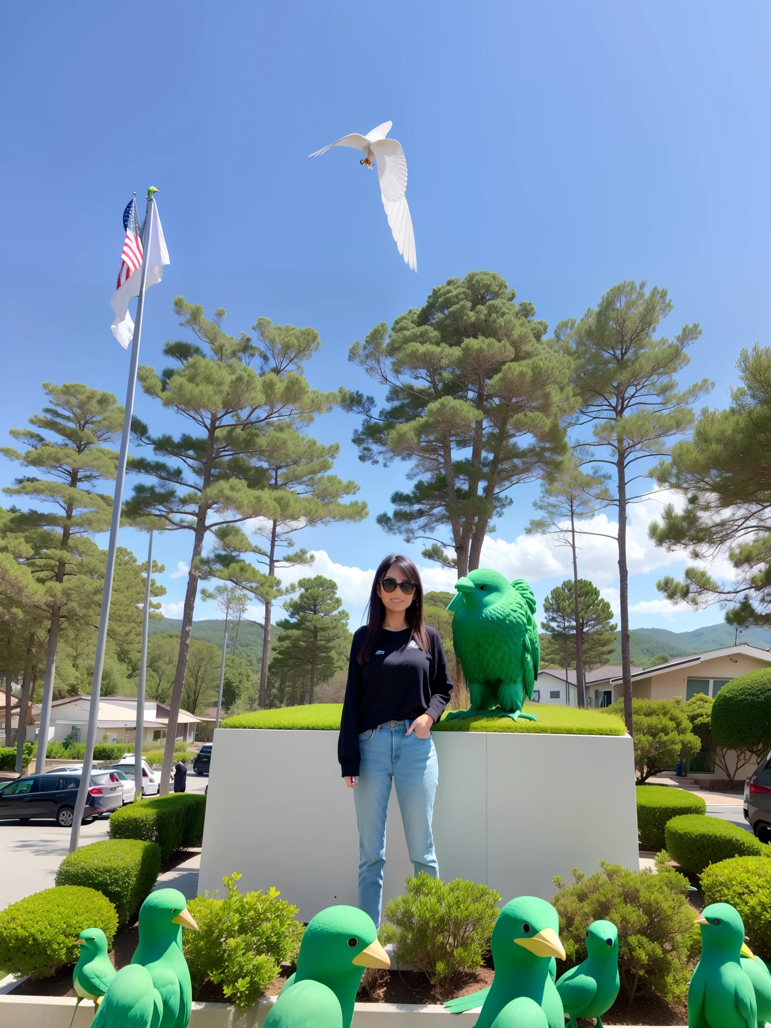 woman standing in front of a sculpture of a green bird, captured on canon eos r 6, taken with canon 8 0 d, shot on gopro9, shot on canon eos r5, shot on canon eos r 5, on a sunny day, with matsu pine trees, with backdrop of god rays, taken with canon eos 5 d mark iv, in a scenic background