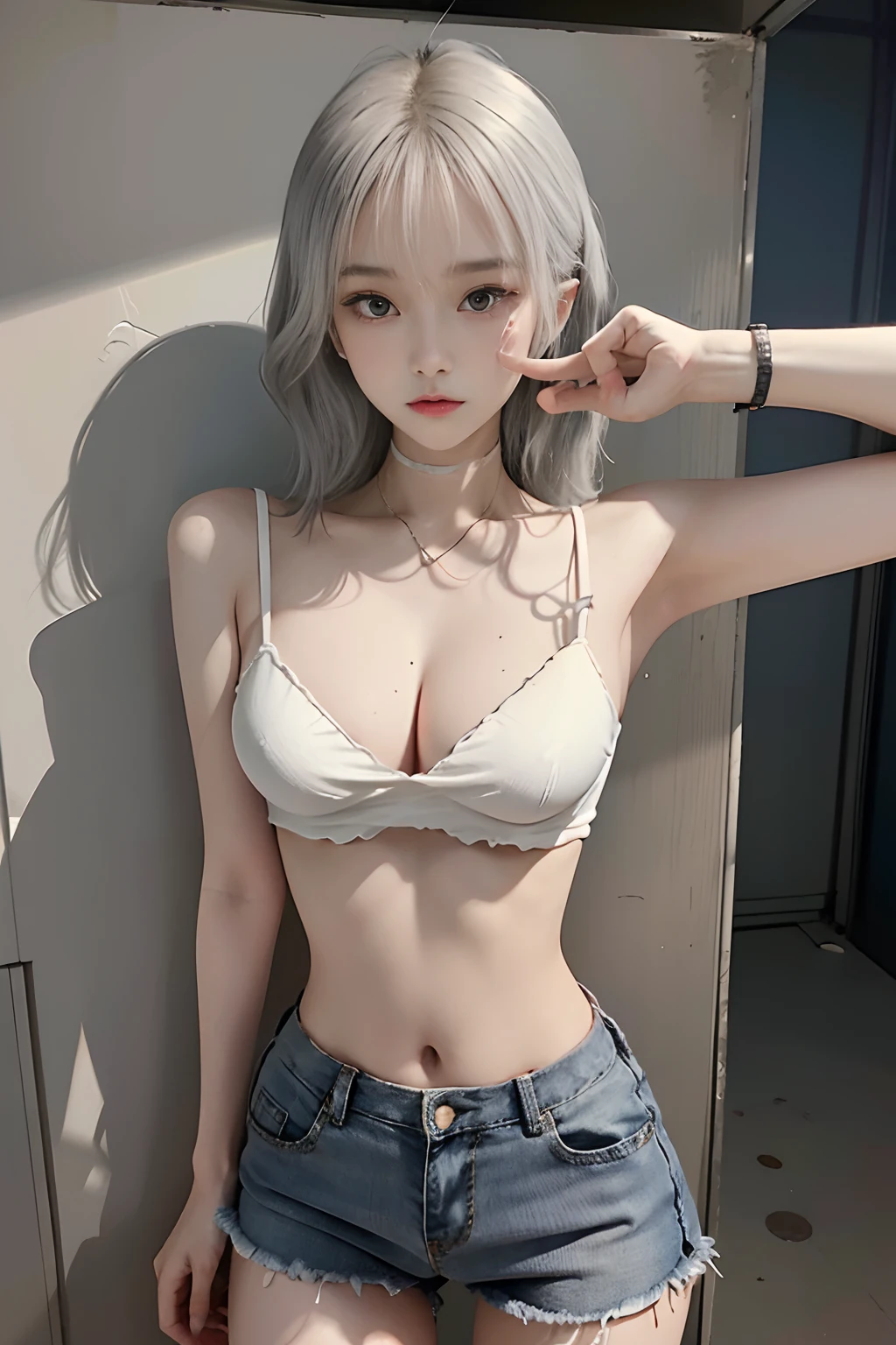 Girl posing for photo in white bra and tight denim skirt,full body Esbian,legs are open,with cropped T-shirt、bra very,Slim body,Smaller bust,Slim Girl Model,24 year old female model,Lying on the construction site,Group of black men watches,gigantic cleavage breasts,Raised ,whole body Dripping wet,Pose with your hips facing yourself,cleavage