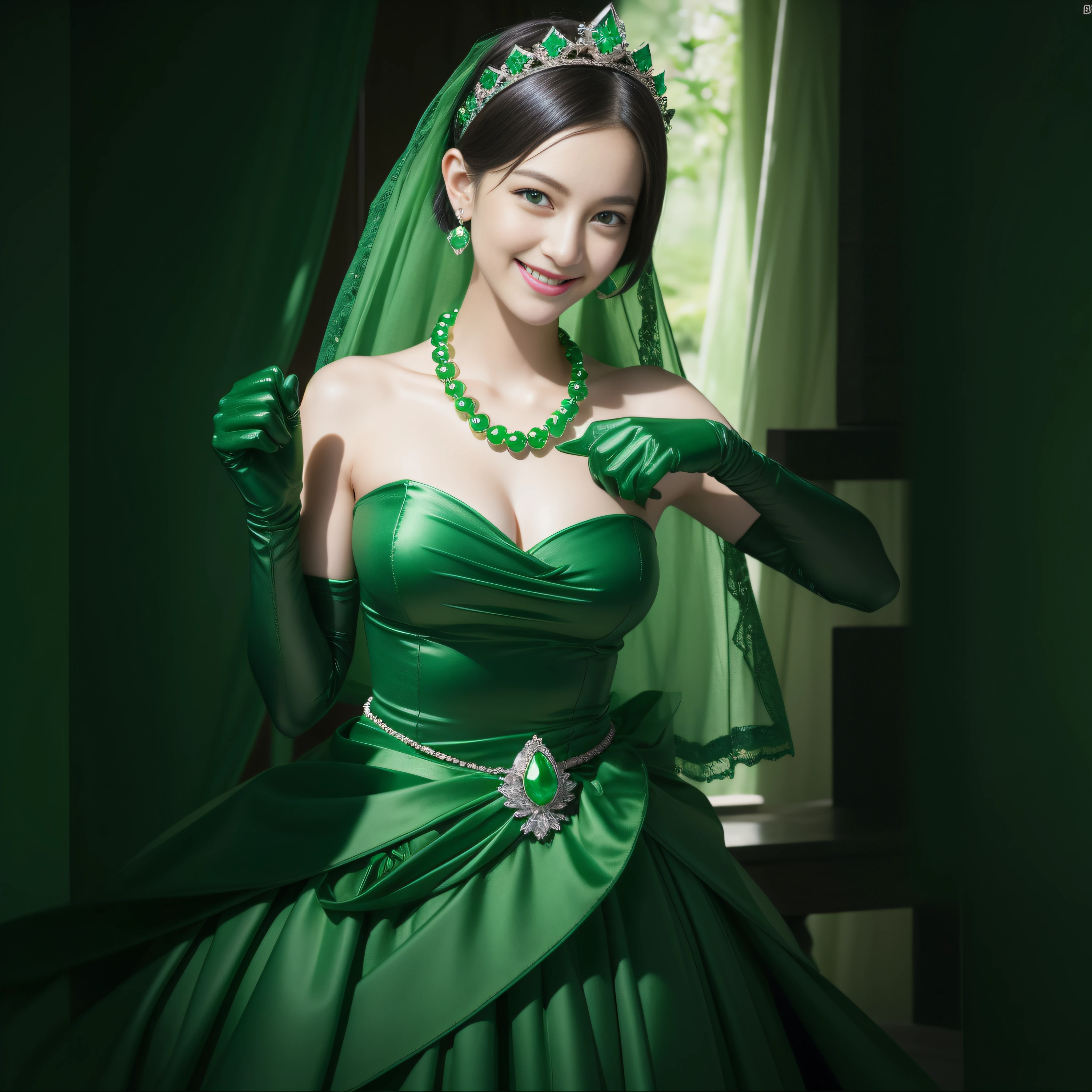 emerald tiara, Green Pearl Necklace, Boyish very short black hair, lipsticks, Japan woman smiling, very short short hair, fist, big breasts beautiful, Green eyes, Long green gloves made of satin material, Green eyes, Emerald Earrings